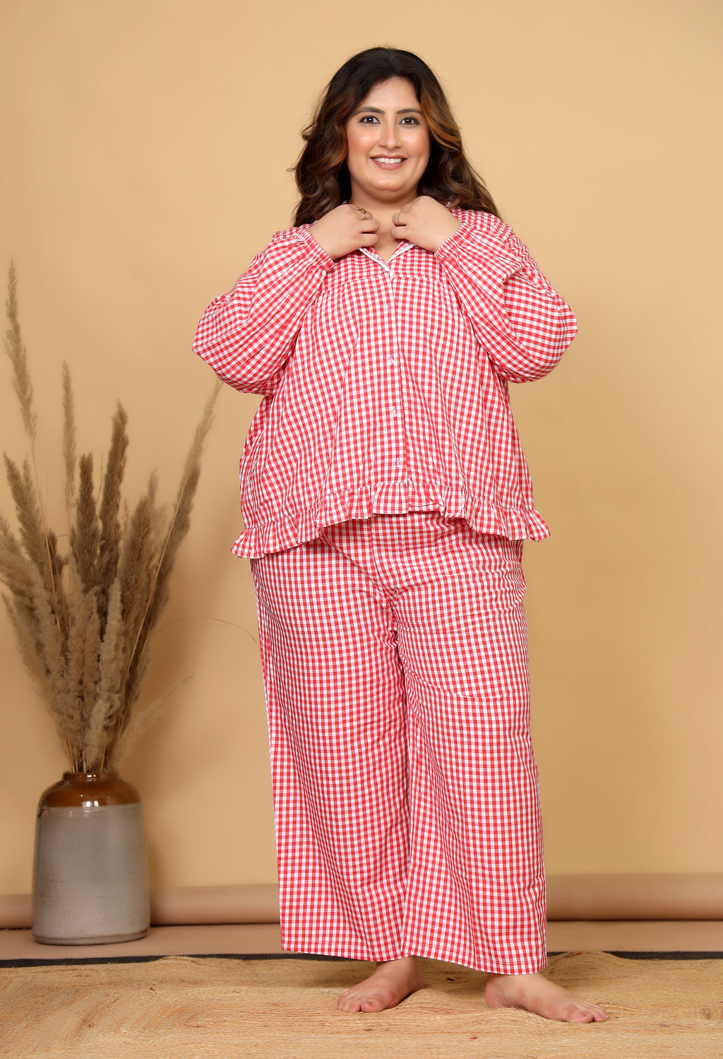 Red & White Gingham Checks Comfort Loom Pure Cotton Plussize Nightsuit Set By Ameerah