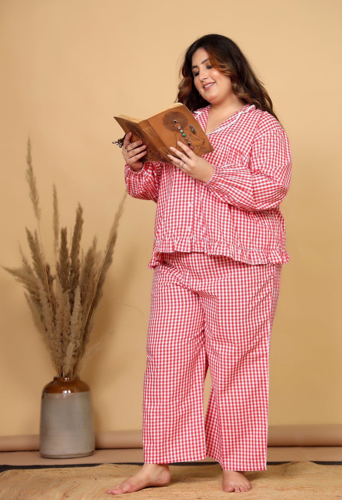 Red & White Gingham Checks Comfort Loom Pure Cotton Plussize Nightsuit Set By Ameerah