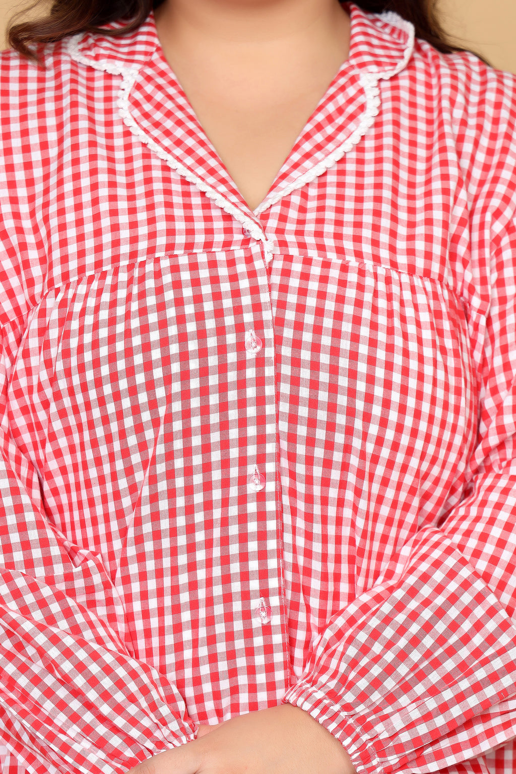 Red & White Gingham Checks Comfort Loom Pure Cotton Plussize Nightsuit Set By Ameerah