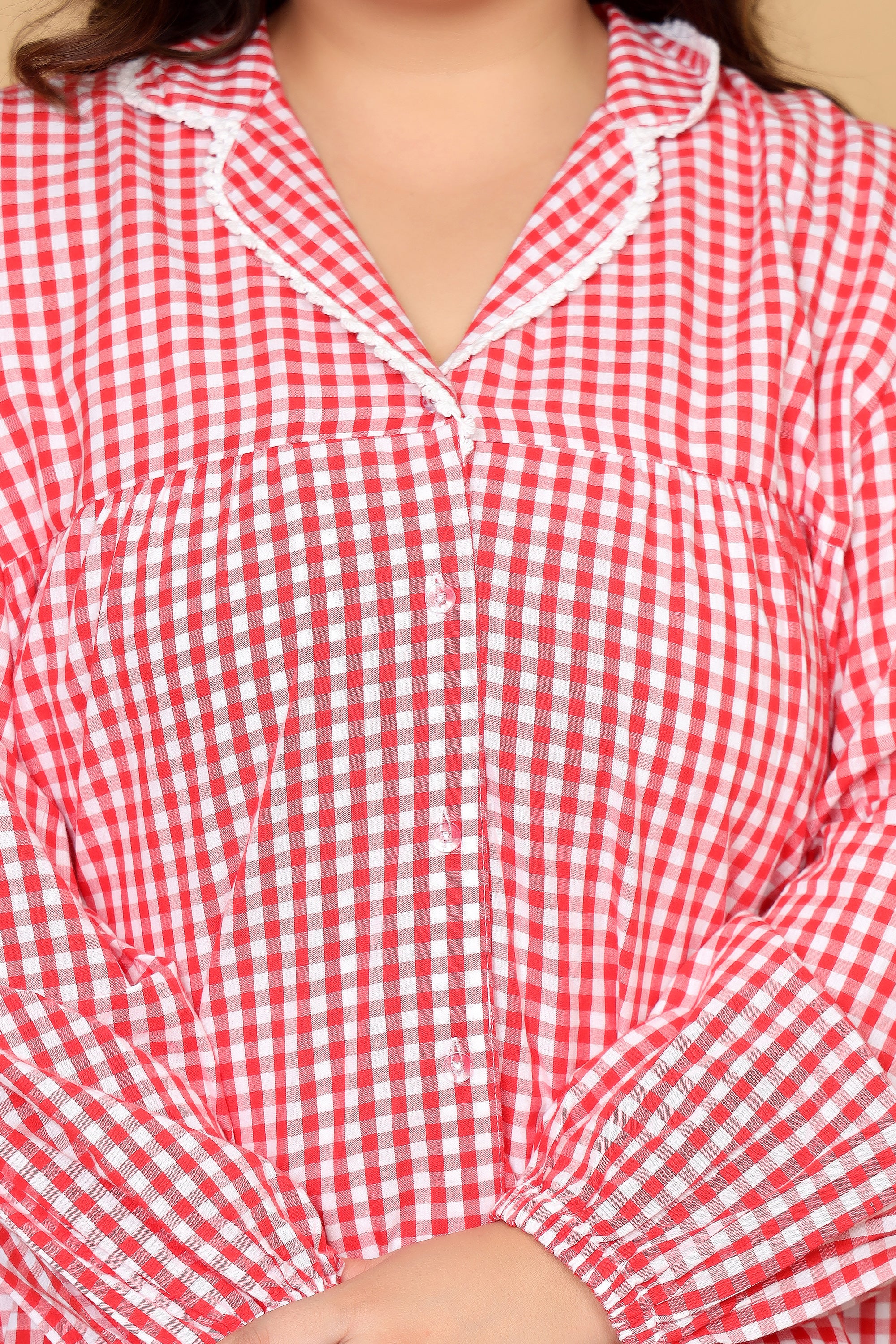 Red & White Gingham Checks Comfort Loom Pure Cotton Plussize Nightsuit Set By Ameerah
