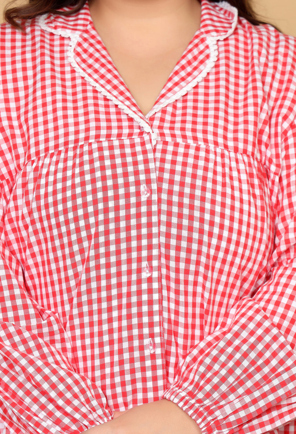 Red & White Gingham Checks Comfort Loom Pure Cotton Plussize Nightsuit Set By Ameerah