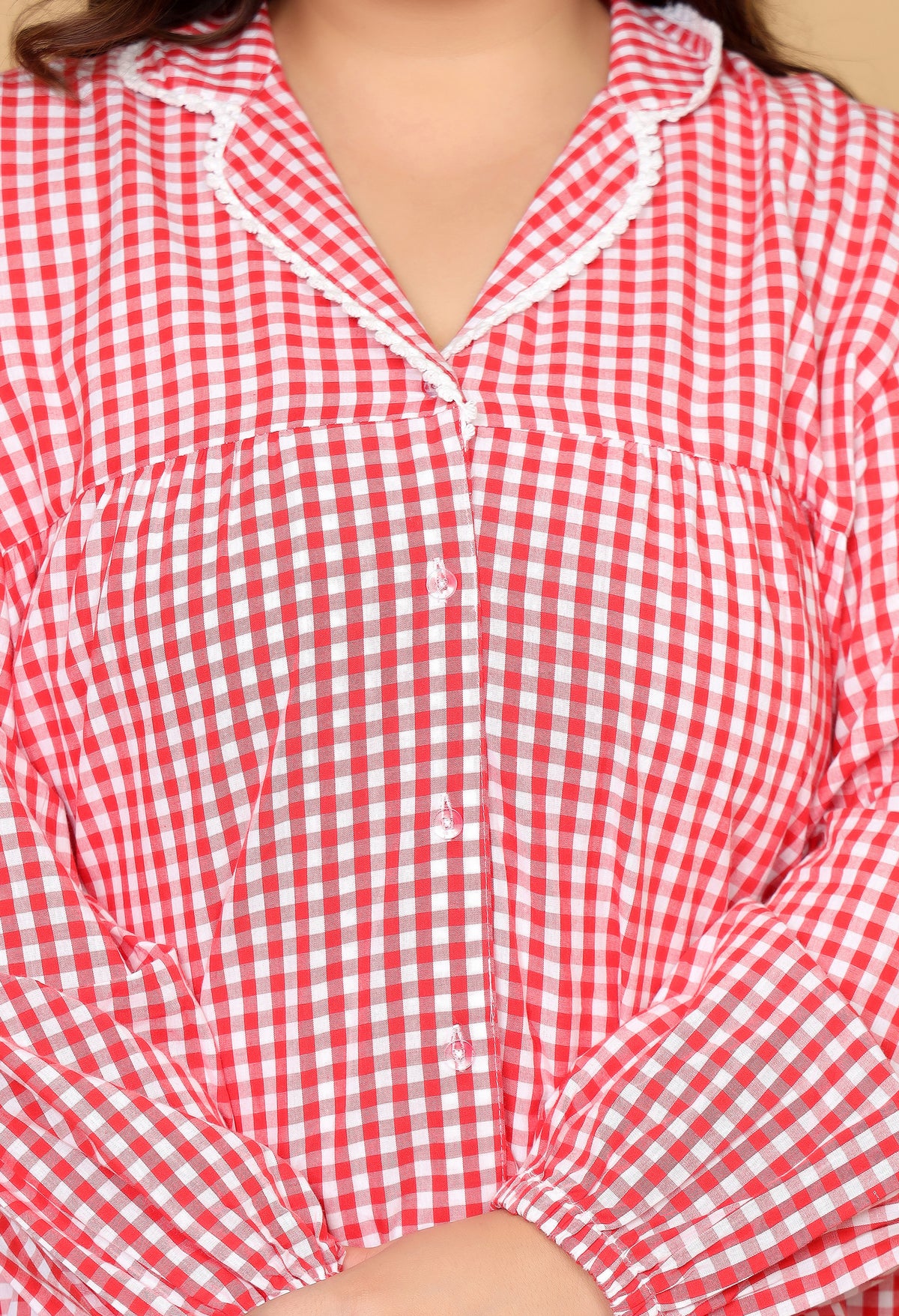 Red & White Gingham Checks Comfort Loom Pure Cotton Plussize Nightsuit Set By Ameerah