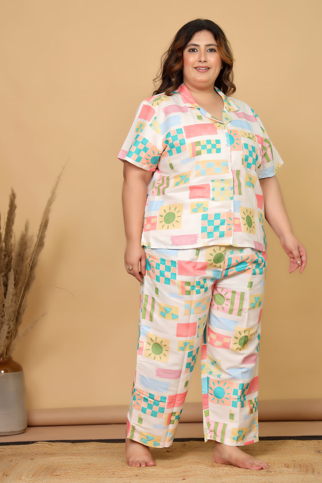 Off White Abstract Geometric Printed Japanese Blend Cotton Plussize Nightsuit Set by Ameerah