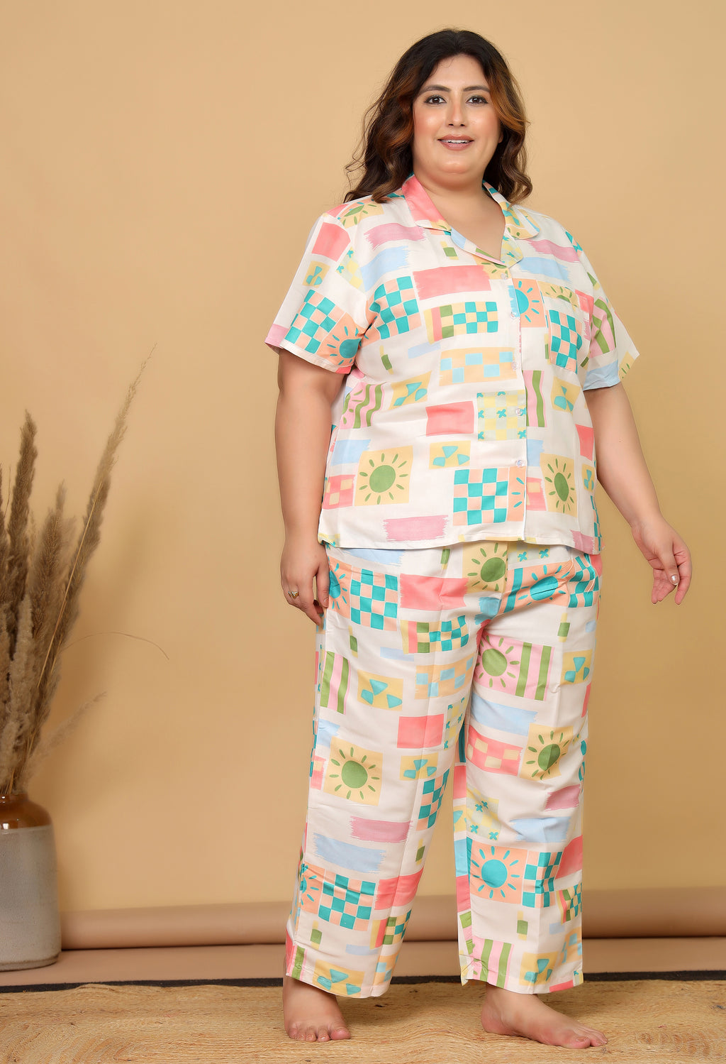 Off White Abstract Geometric Printed Japanese Blend Cotton Plussize Nightsuit Set by Ameerah