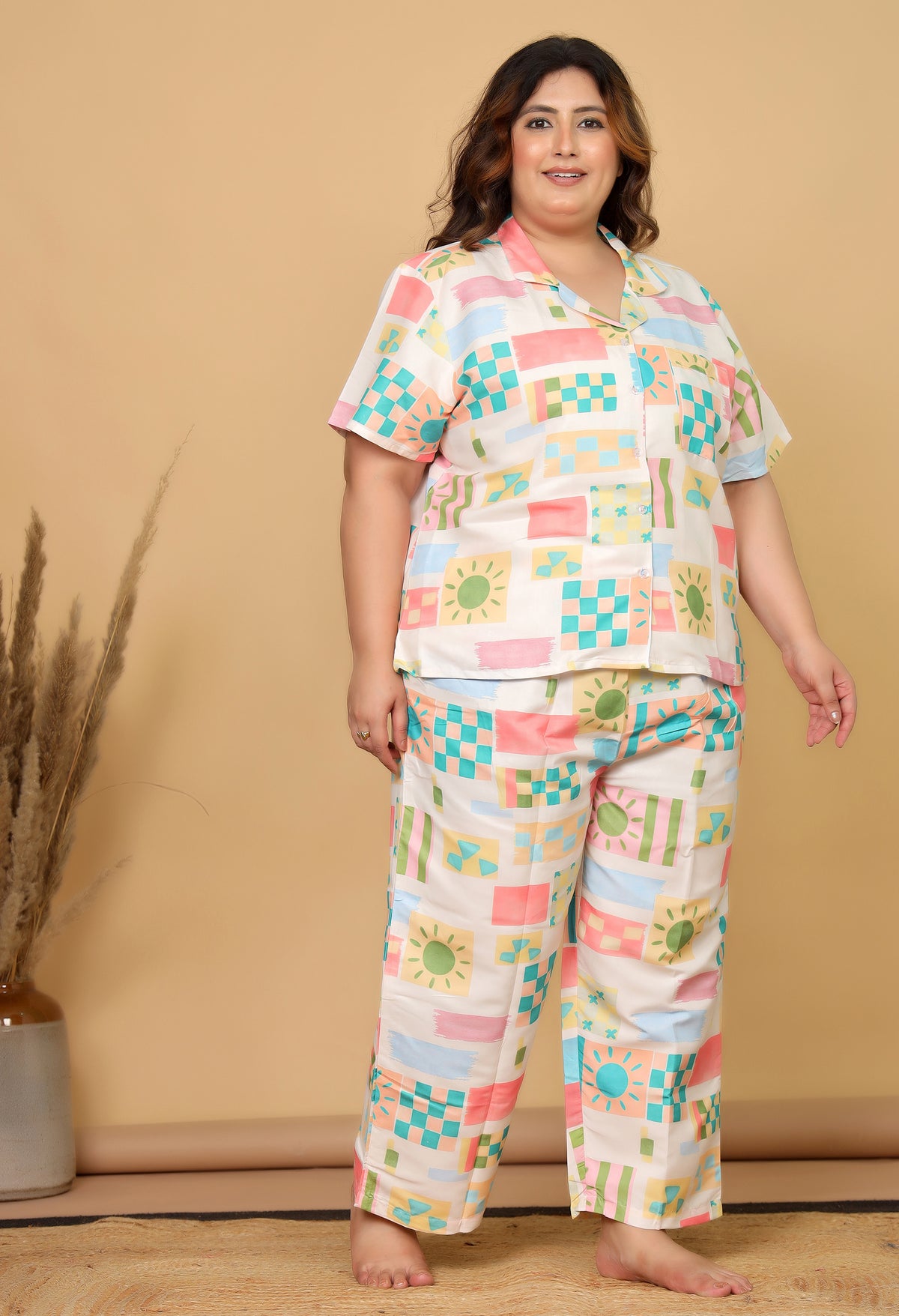 Off White Abstract Geometric Printed Japanese Blend Cotton Plussize Nightsuit Set by Ameerah
