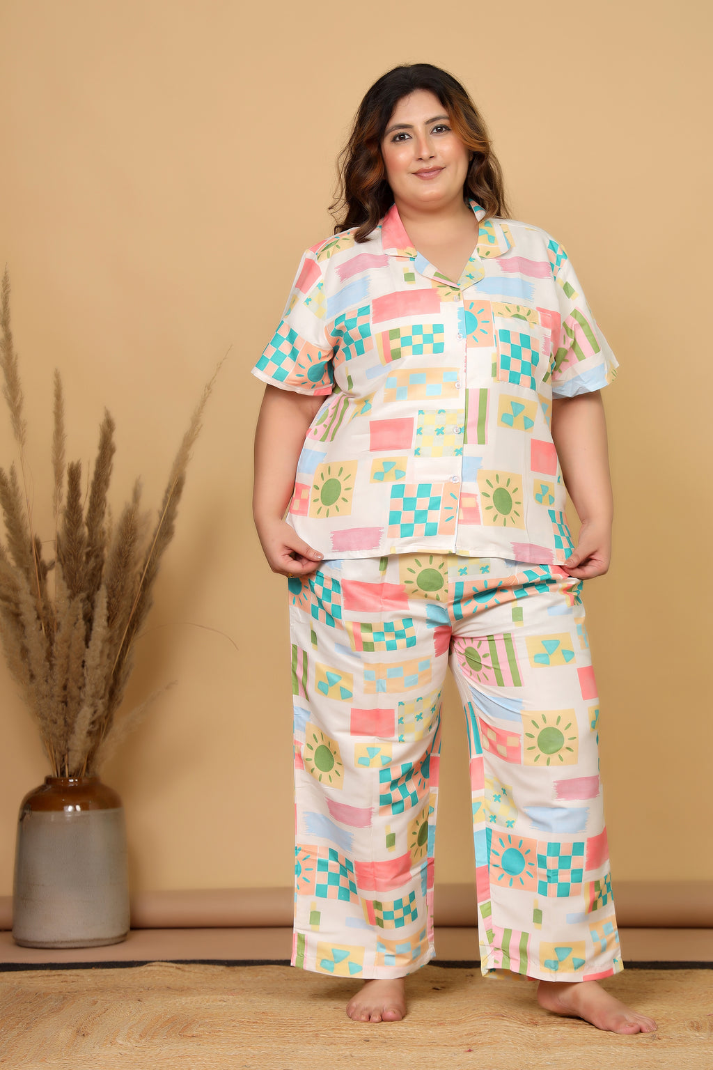 Off White Abstract Geometric Printed Japanese Blend Cotton Plussize Nightsuit Set by Ameerah