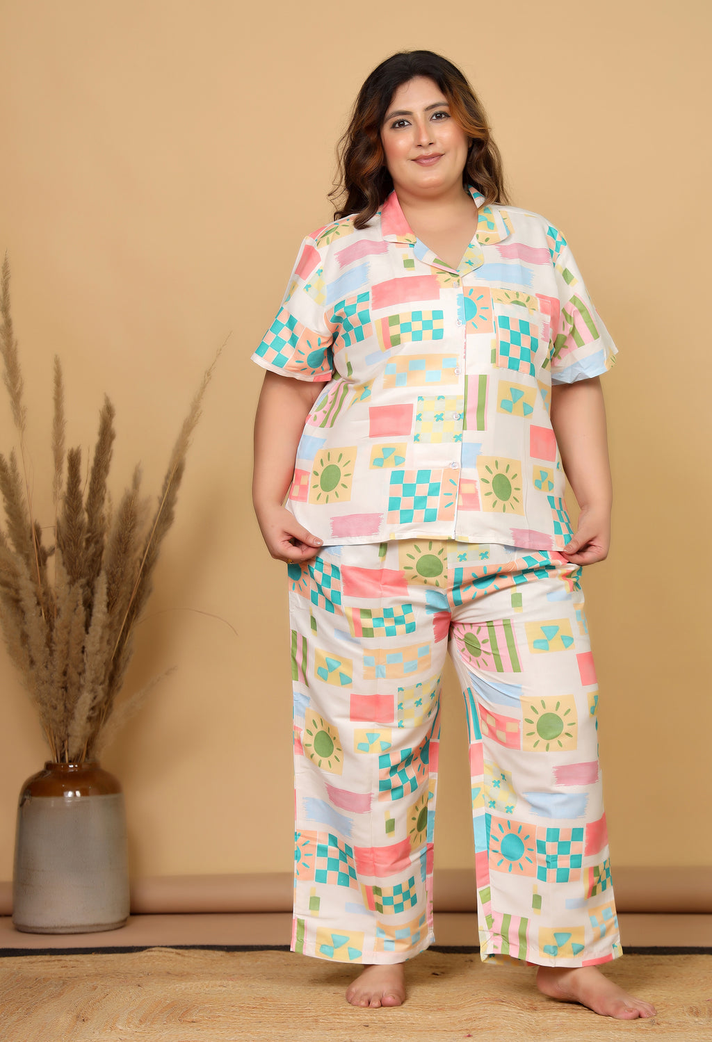 Off White Abstract Geometric Printed Japanese Blend Cotton Plussize Nightsuit Set by Ameerah
