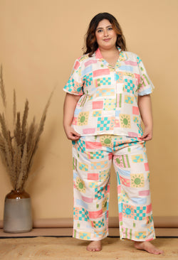 Off White Abstract Geometric Printed Japanese Blend Cotton Plussize Nightsuit Set by Ameerah