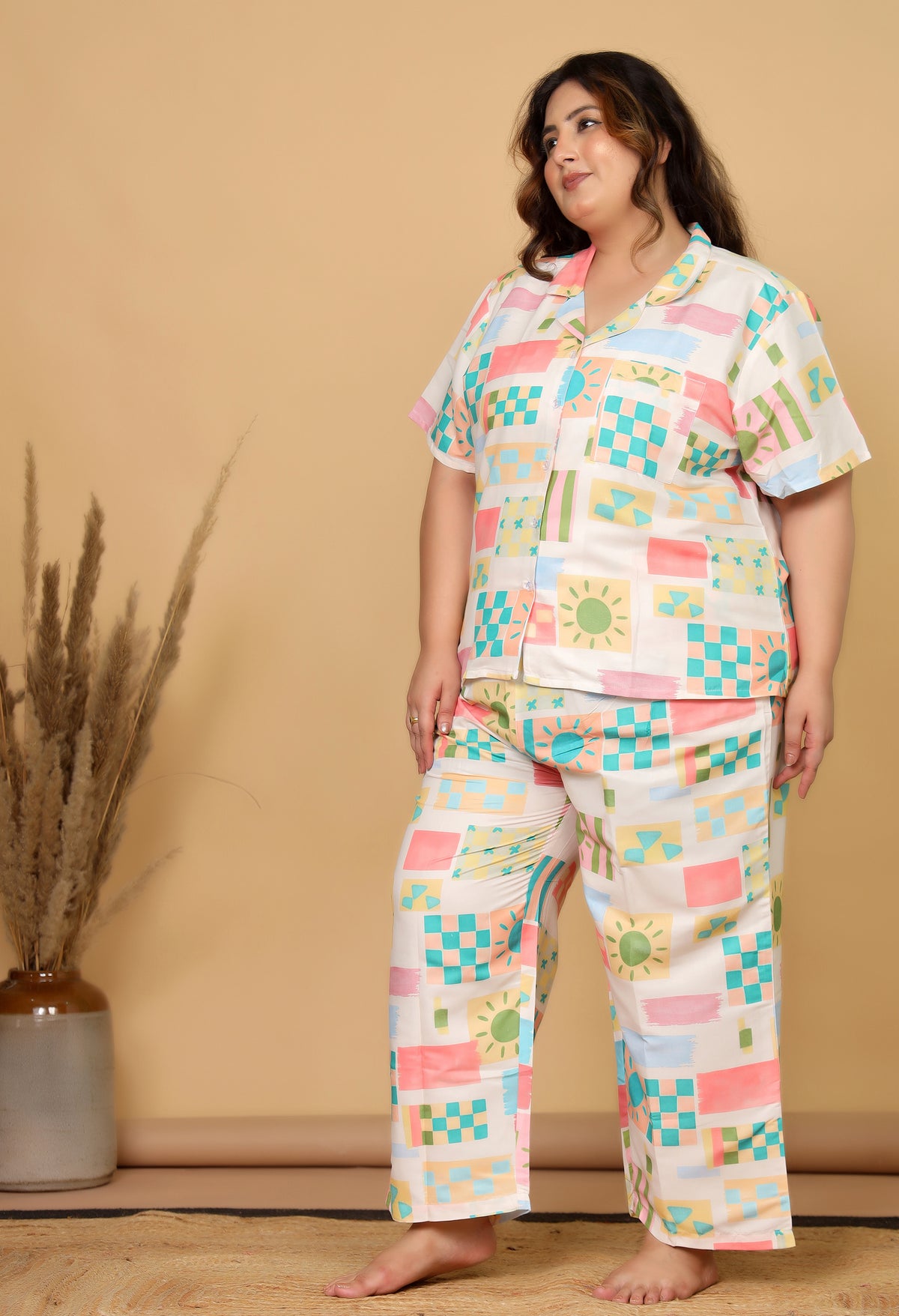 Off White Abstract Geometric Printed Japanese Blend Cotton Plussize Nightsuit Set by Ameerah