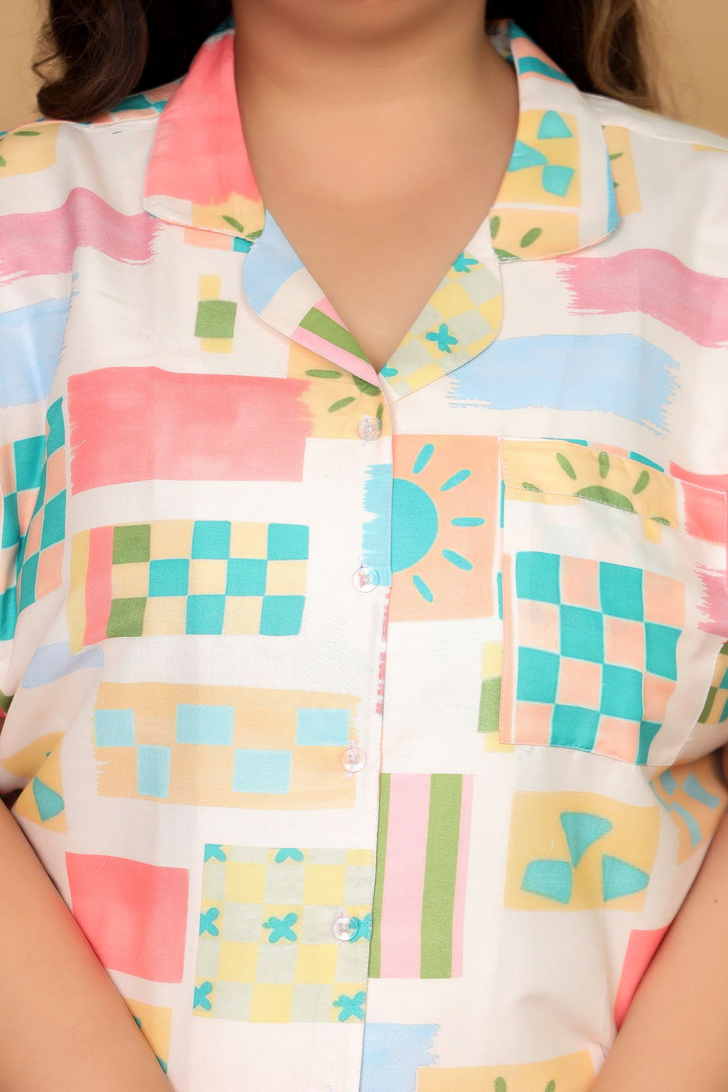 Off White Abstract Geometric Printed Japanese Blend Cotton Plussize Nightsuit Set by Ameerah