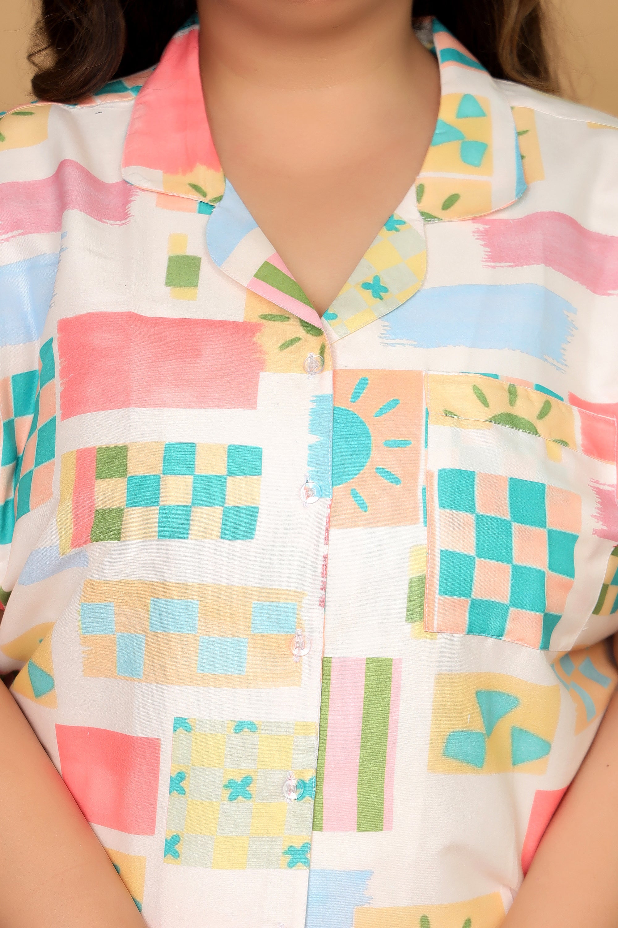 Off White Abstract Geometric Printed Japanese Blend Cotton Plussize Nightsuit Set by Ameerah