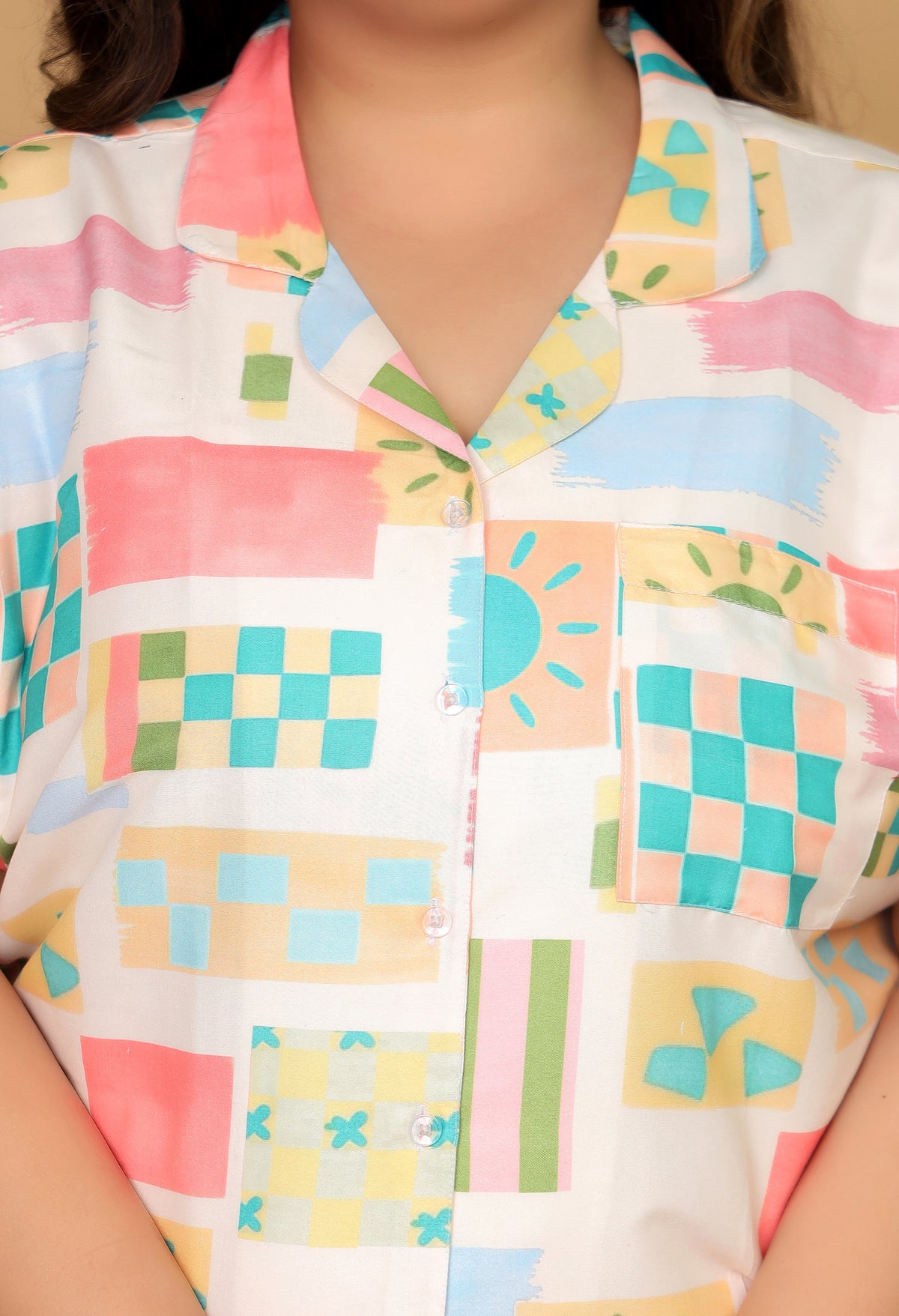 Off White Abstract Geometric Printed Japanese Blend Cotton Plussize Nightsuit Set by Ameerah