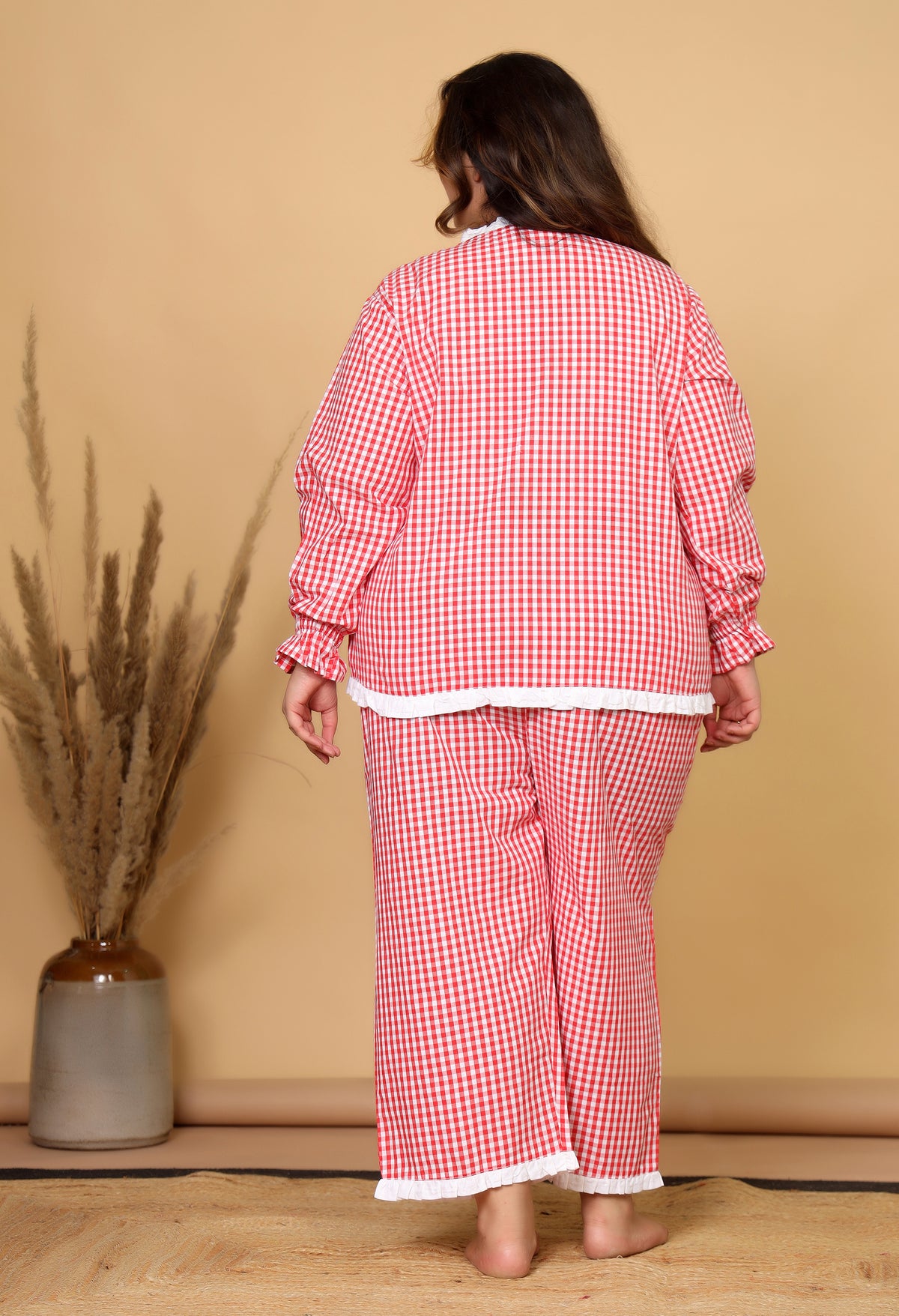 Red Gingham Checks Comfort Loom Pure Cotton Plussize Nightsuit Set By Ameerah