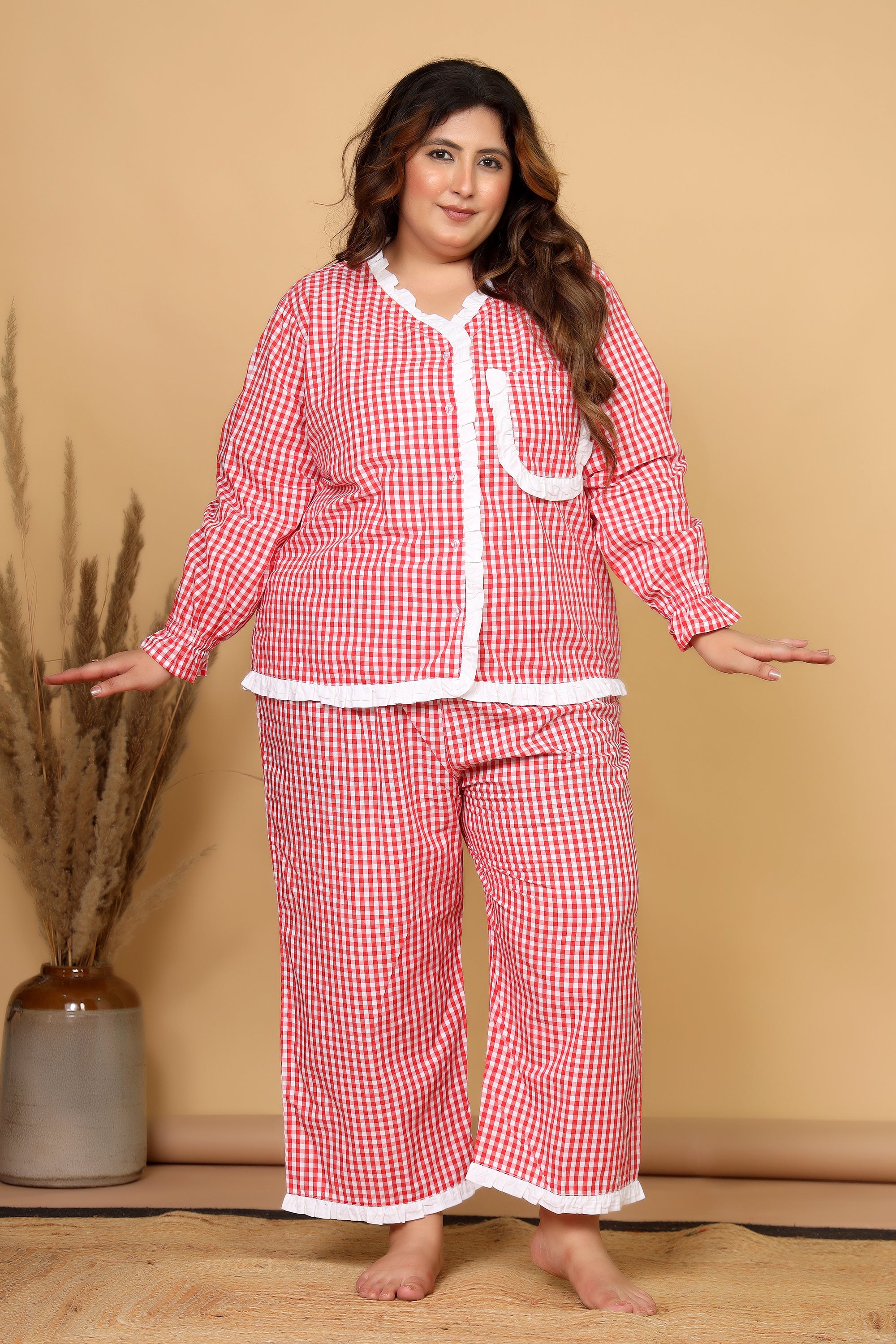 Red Gingham Checks Comfort Loom Pure Cotton Plussize Nightsuit Set By Ameerah