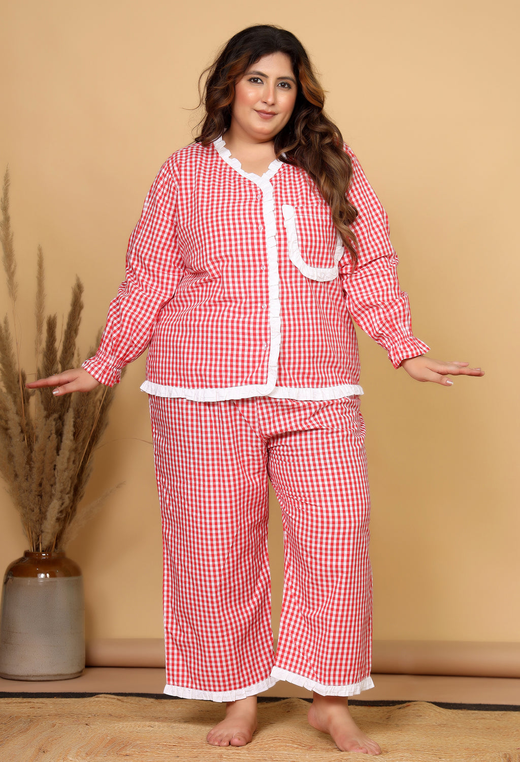Red Gingham Checks Comfort Loom Pure Cotton Plussize Nightsuit Set By Ameerah