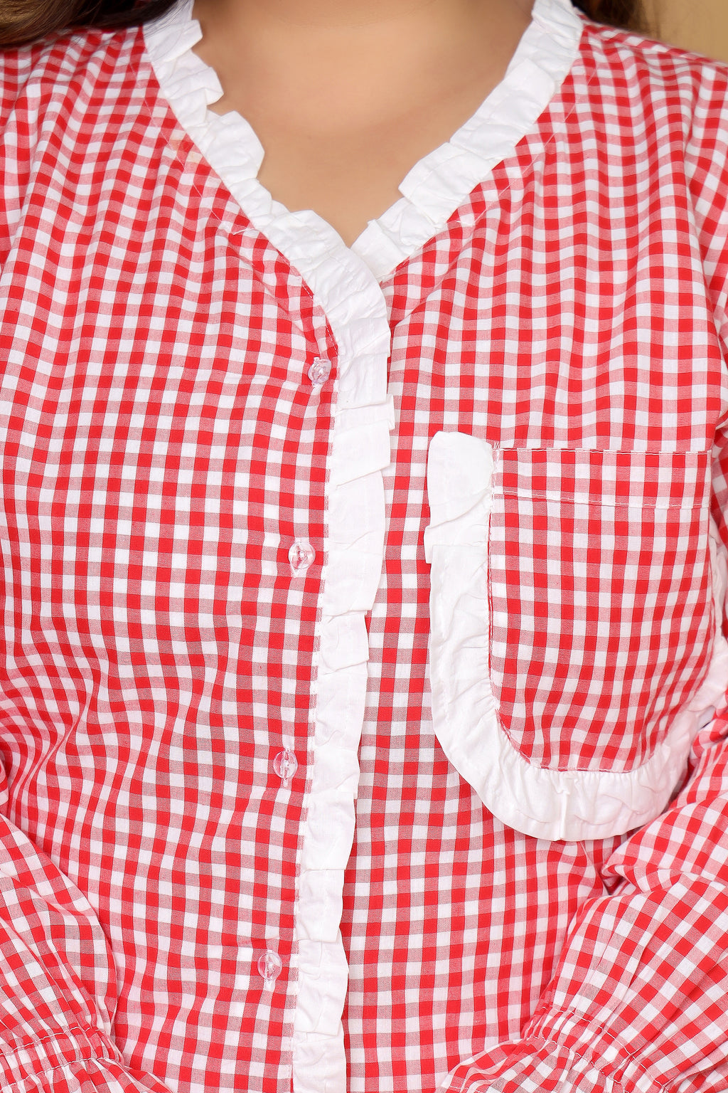 Red Gingham Checks Comfort Loom Pure Cotton Plussize Nightsuit Set By Ameerah