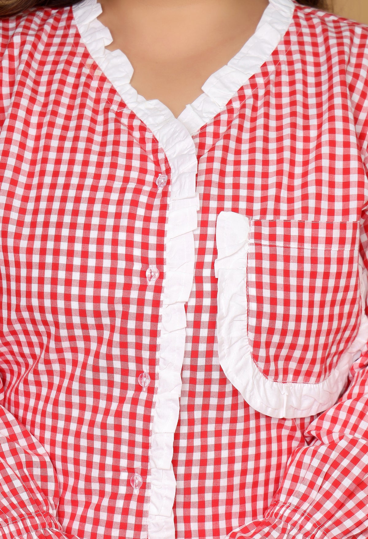 Red Gingham Checks Comfort Loom Pure Cotton Plussize Nightsuit Set By Ameerah