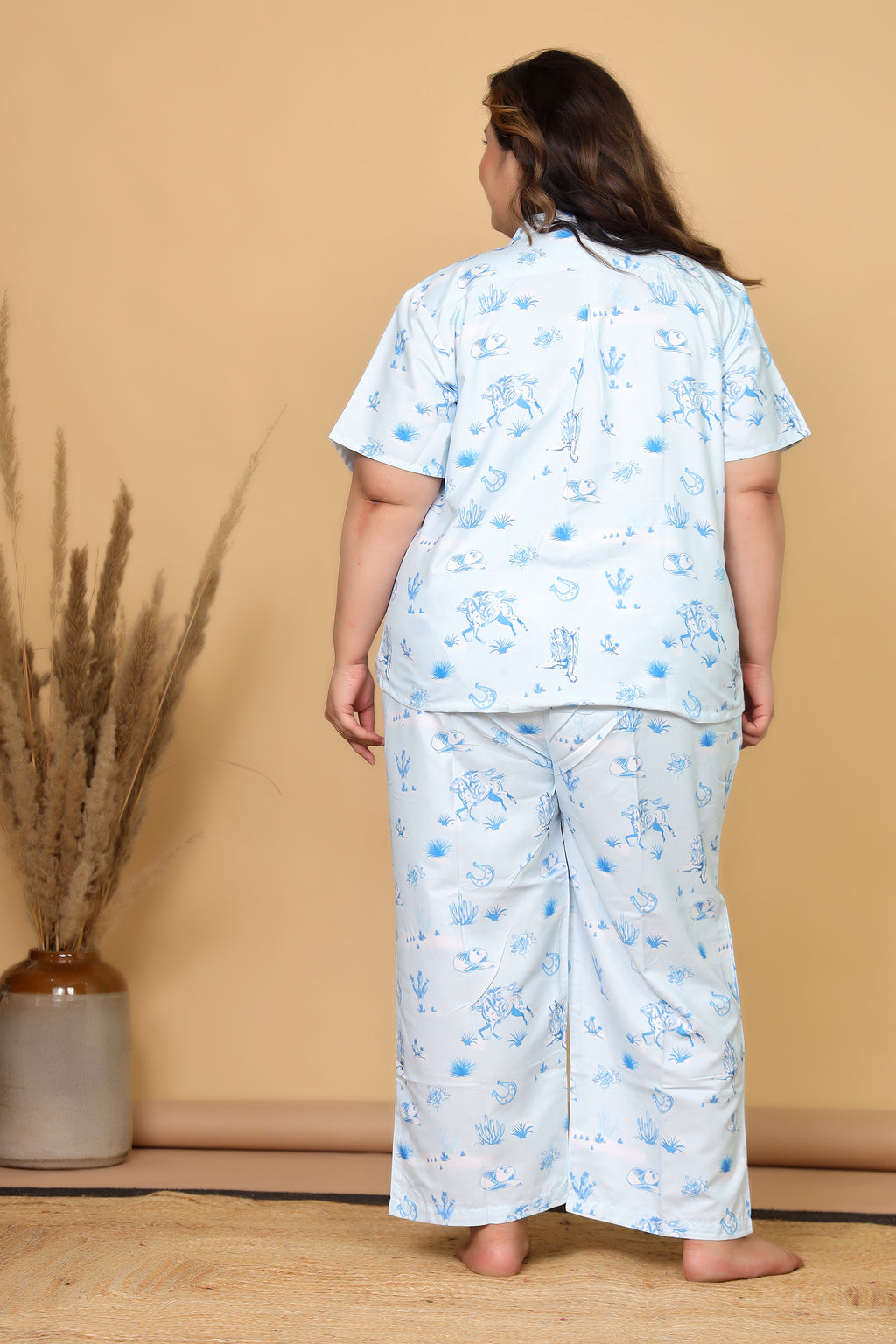Sky Blue Western Motif Printed Japanese Blend Cotton Plussize Nightsuit Set by Ameerah