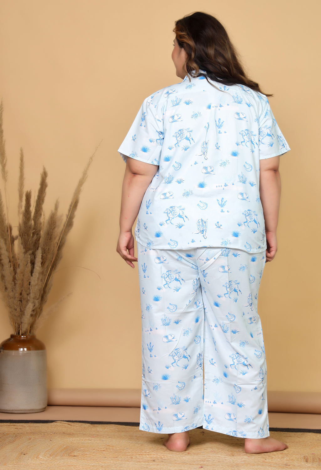 Sky Blue Western Motif Printed Japanese Blend Cotton Plussize Nightsuit Set by Ameerah