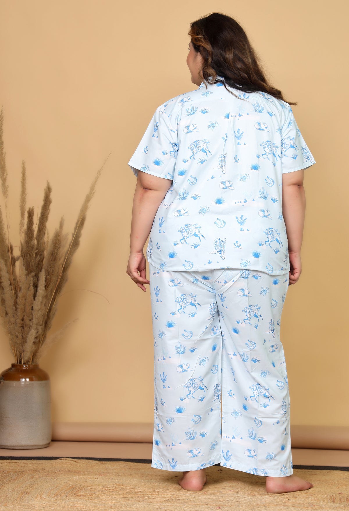 Sky Blue Western Motif Printed Japanese Blend Cotton Plussize Nightsuit Set by Ameerah