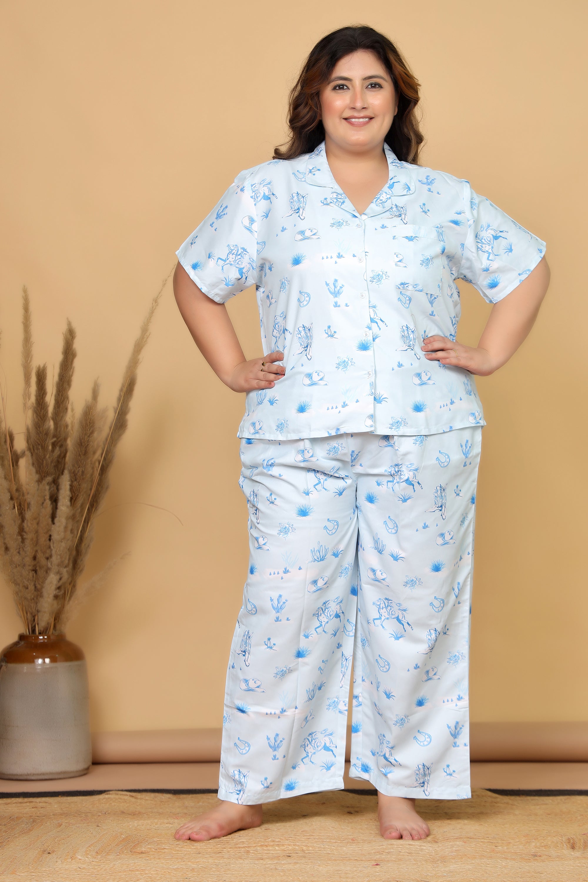Sky Blue Western Motif Printed Japanese Blend Cotton Plussize Nightsuit Set by Ameerah
