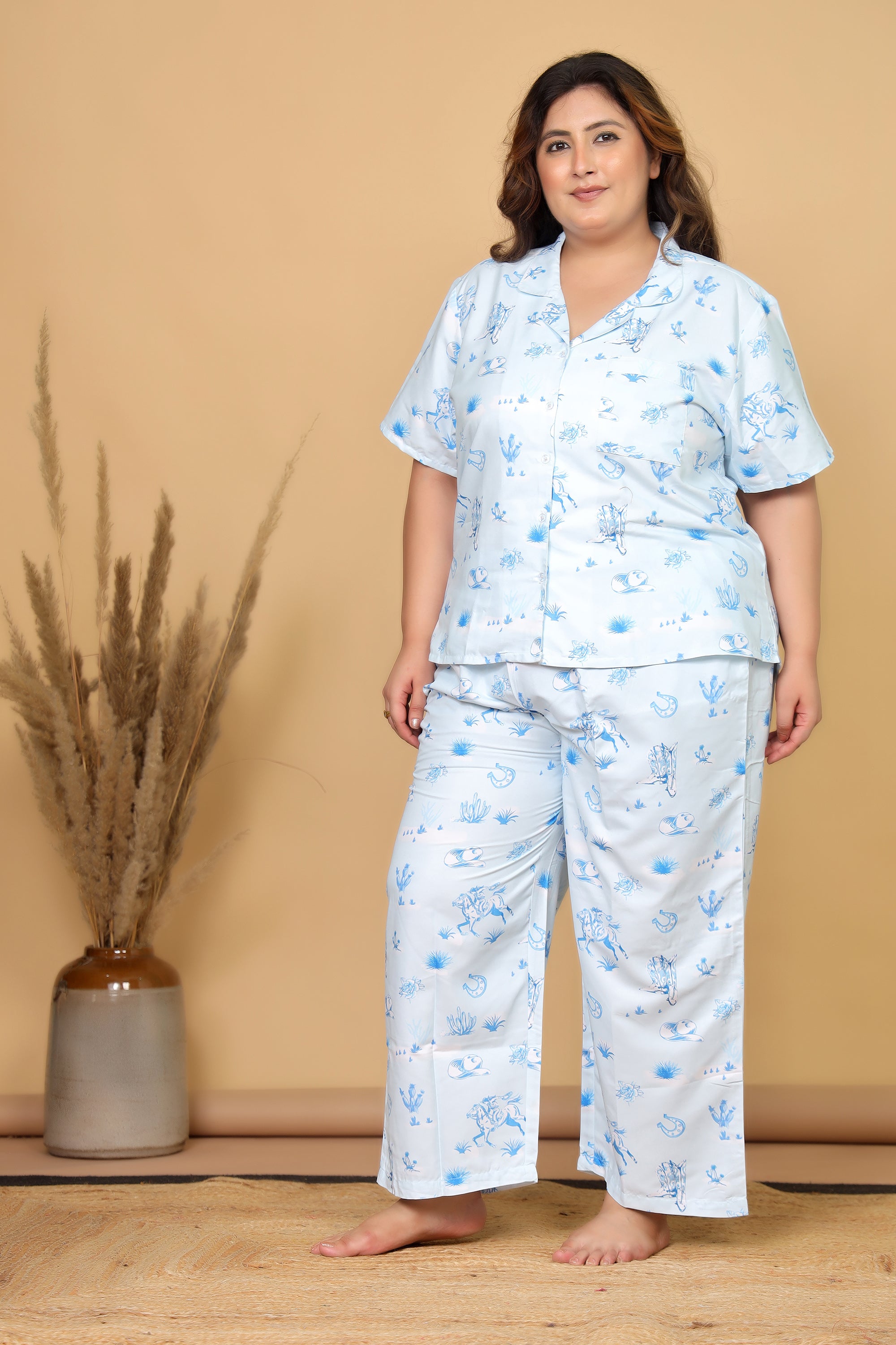 Sky Blue Western Motif Printed Japanese Blend Cotton Plussize Nightsuit Set by Ameerah