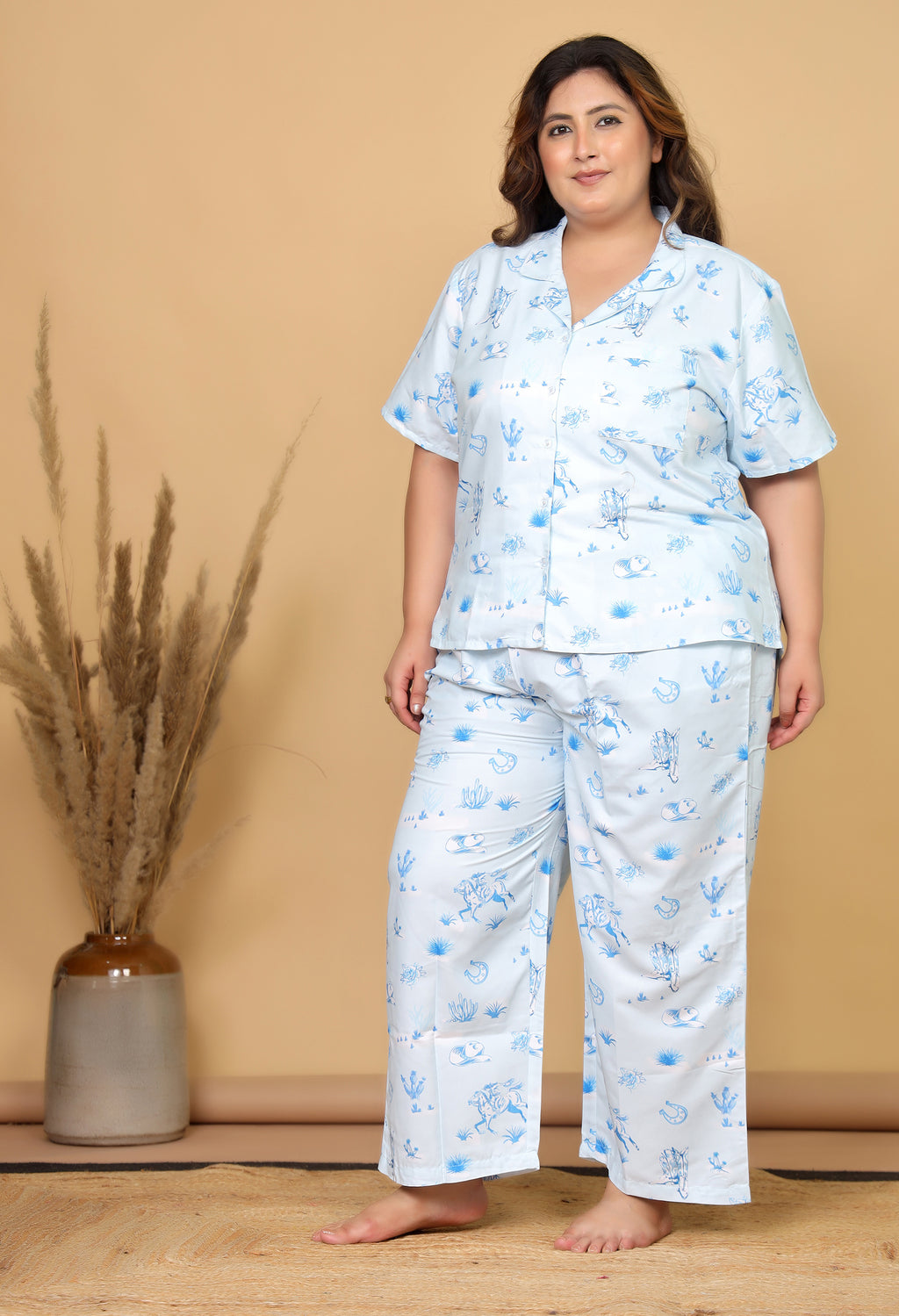 Sky Blue Western Motif Printed Japanese Blend Cotton Plussize Nightsuit Set by Ameerah