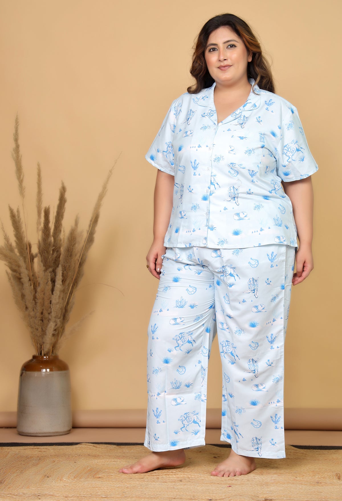 Sky Blue Western Motif Printed Japanese Blend Cotton Plussize Nightsuit Set by Ameerah