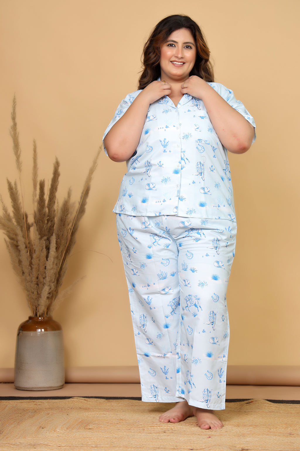 Sky Blue Western Motif Printed Japanese Blend Cotton Plussize Nightsuit Set by Ameerah