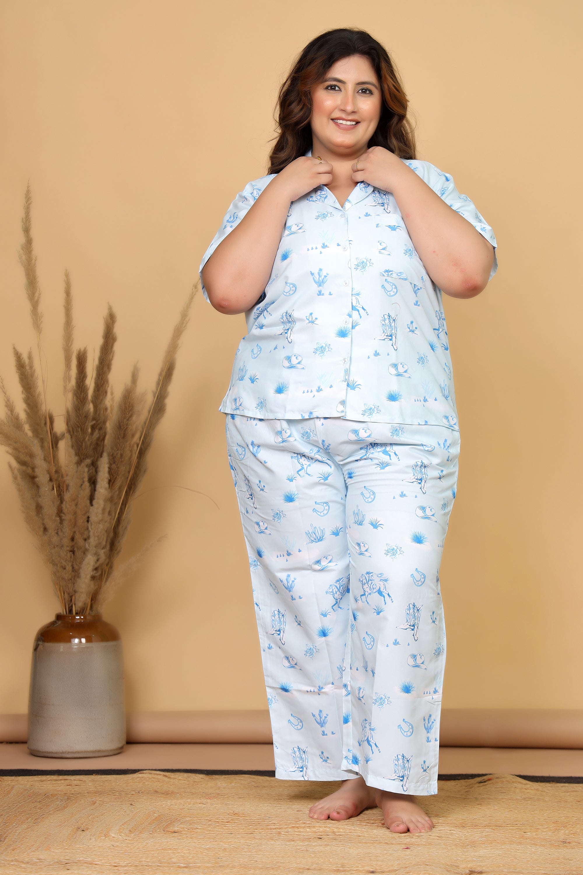 Sky Blue Western Motif Printed Japanese Blend Cotton Plussize Nightsuit Set by Ameerah