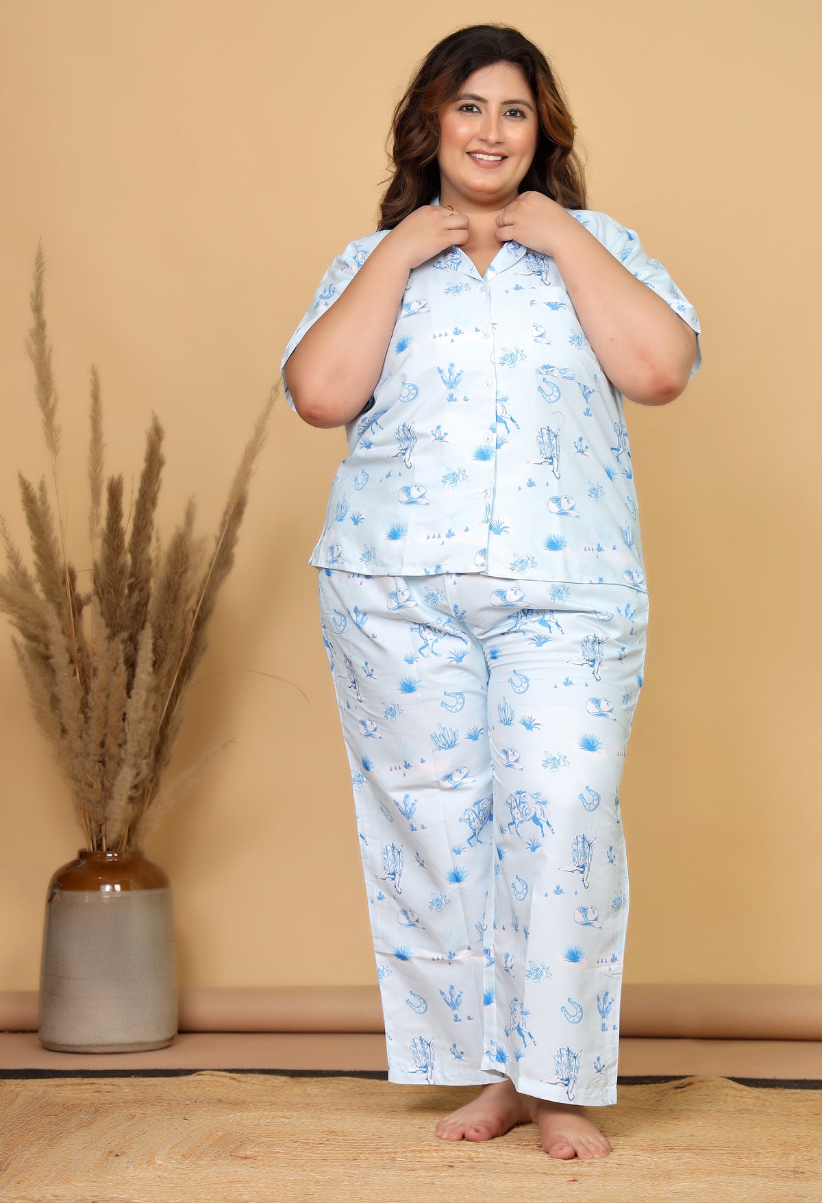 Sky Blue Western Motif Printed Japanese Blend Cotton Plussize Nightsuit Set by Ameerah
