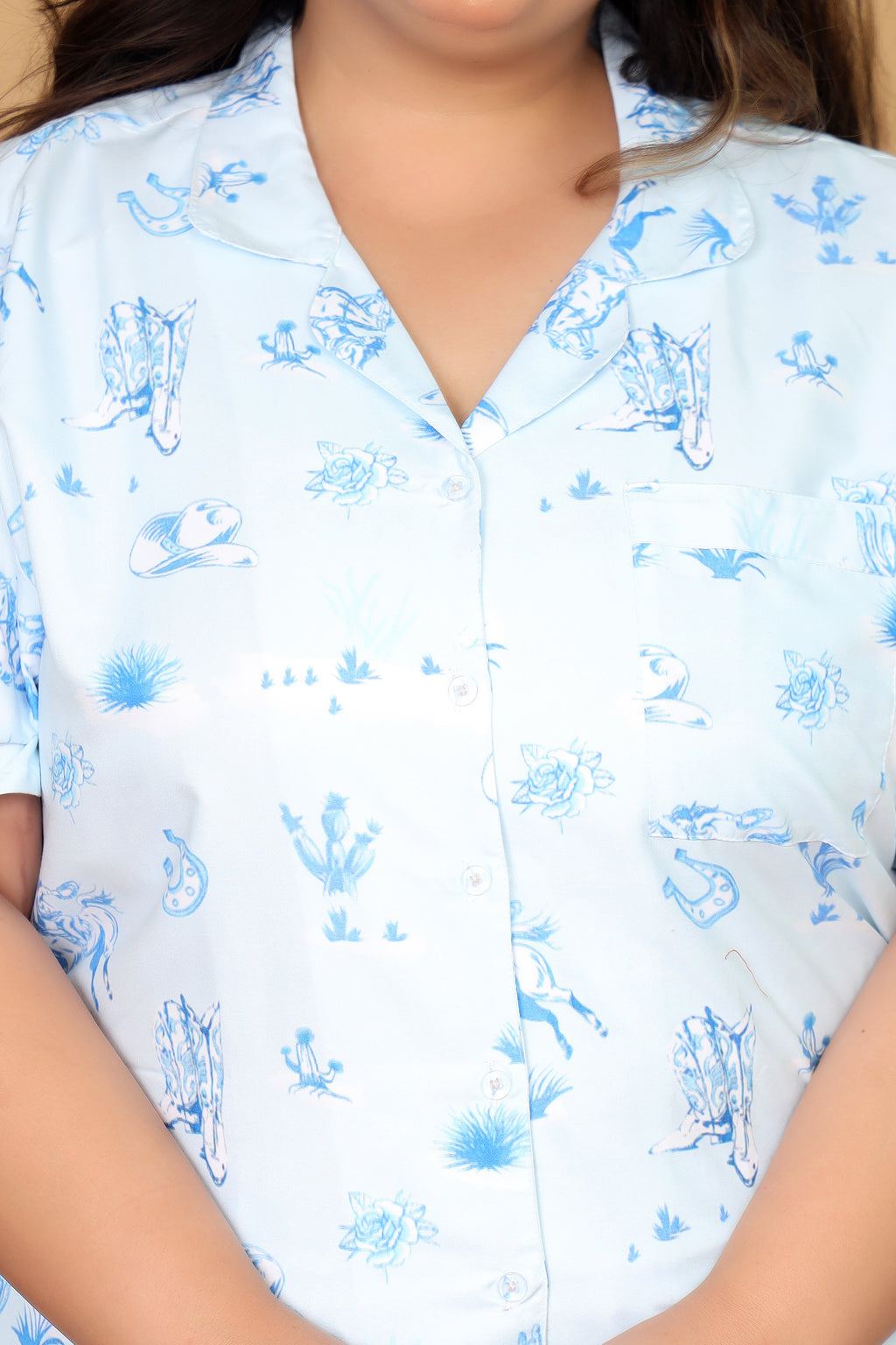 Sky Blue Western Motif Printed Japanese Blend Cotton Plussize Nightsuit Set by Ameerah