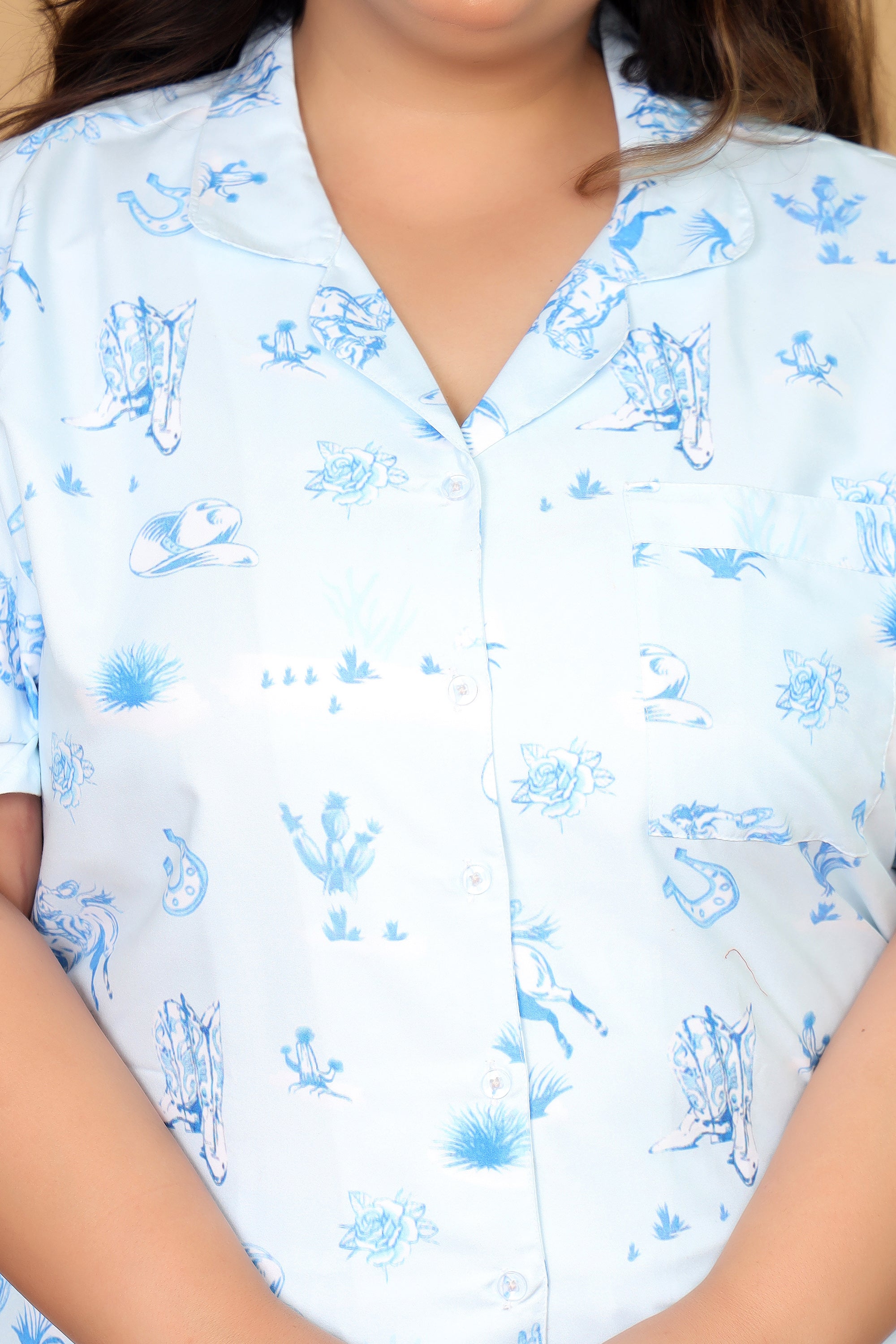 Sky Blue Western Motif Printed Japanese Blend Cotton Plussize Nightsuit Set by Ameerah