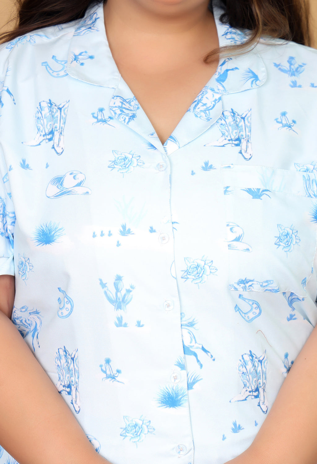 Sky Blue Western Motif Printed Japanese Blend Cotton Plussize Nightsuit Set by Ameerah