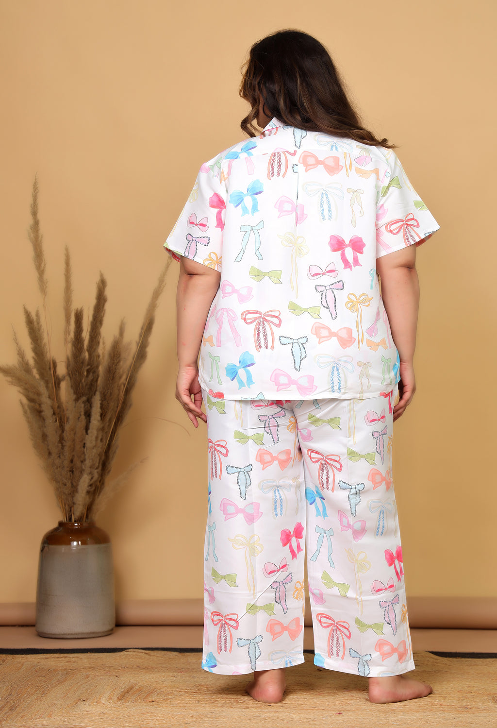 White Pastel Bow Printed Japanese Blend Cotton Plussize Nightsuit Set by Ameerah