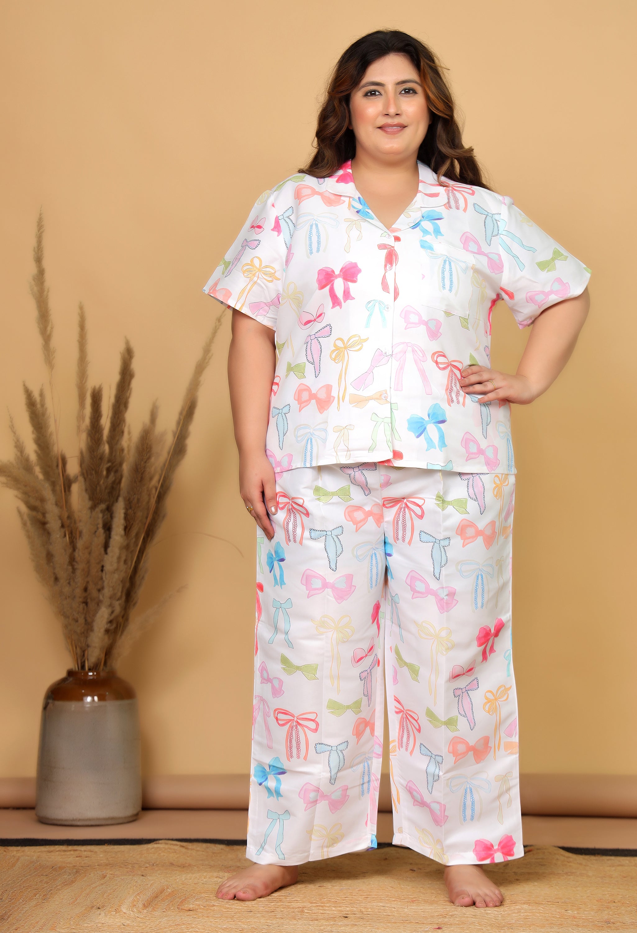 White Pastel Bow Printed Japanese Blend Cotton Plussize Nightsuit Set by Ameerah