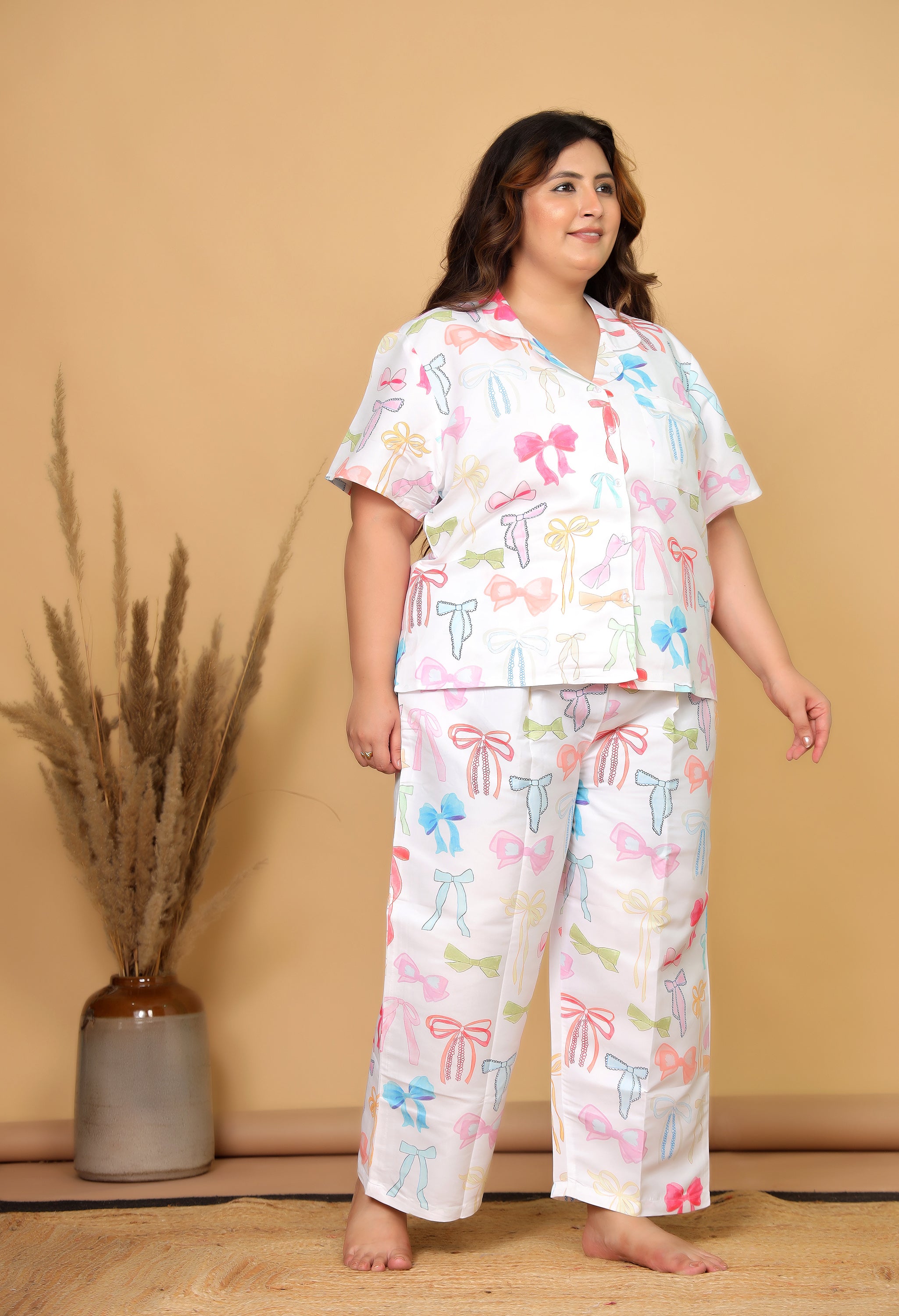 White Pastel Bow Printed Japanese Blend Cotton Plussize Nightsuit Set by Ameerah