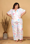 White Pastel Bow Printed Japanese Blend Cotton Plussize Nightsuit Set by Ameerah