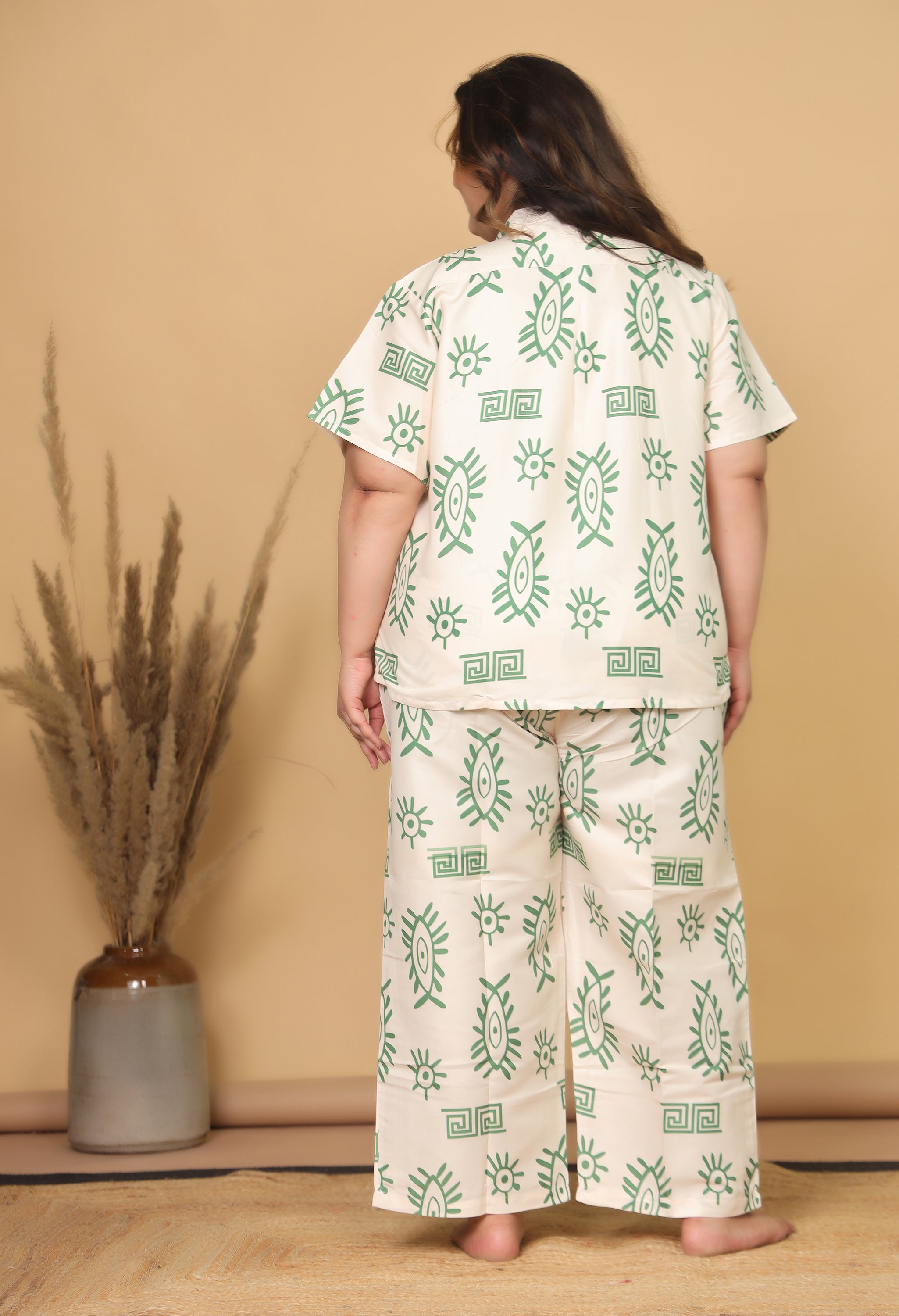 Cream & Green Abstract Eye Printed Japanese Blend Cotton Plussize Nightsuit Set by Ameerah