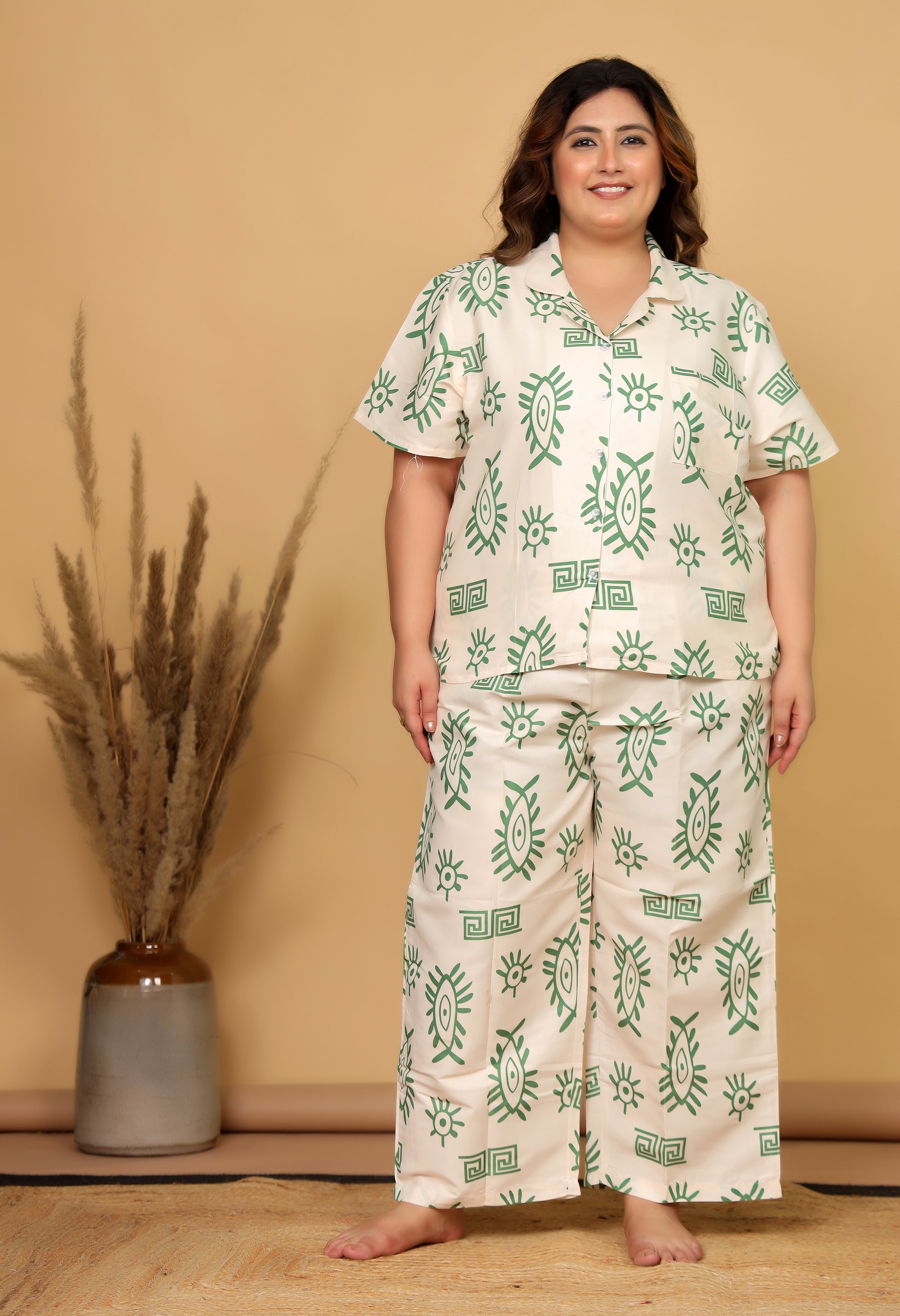 Cream & Green Abstract Eye Printed Japanese Blend Cotton Plussize Nightsuit Set by Ameerah