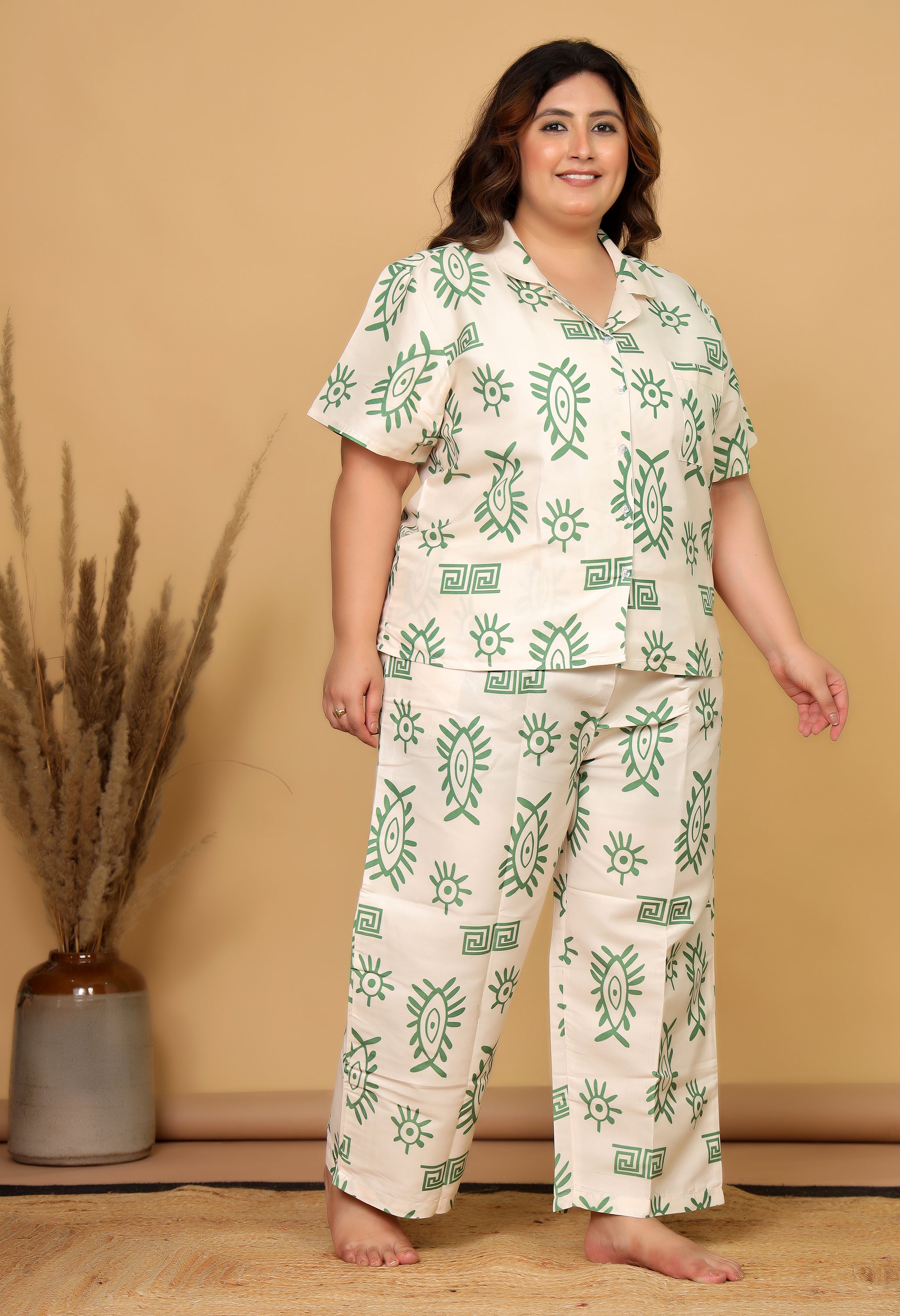 Cream & Green Abstract Eye Printed Japanese Blend Cotton Plussize Nightsuit Set by Ameerah