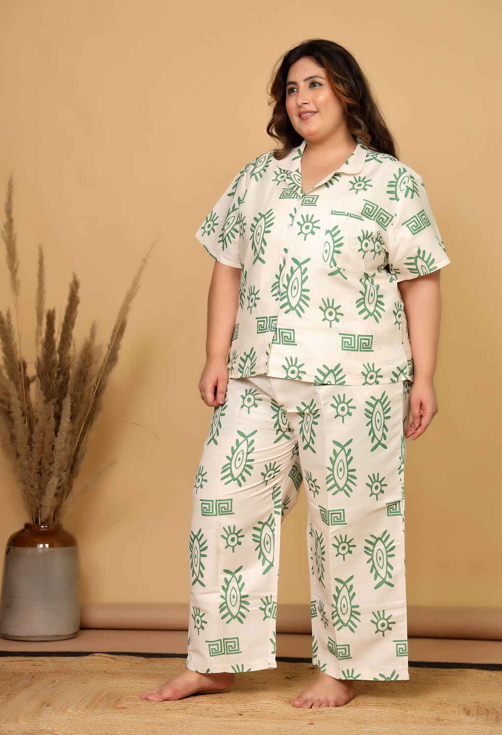 Cream & Green Abstract Eye Printed Japanese Blend Cotton Plussize Nightsuit Set by Ameerah