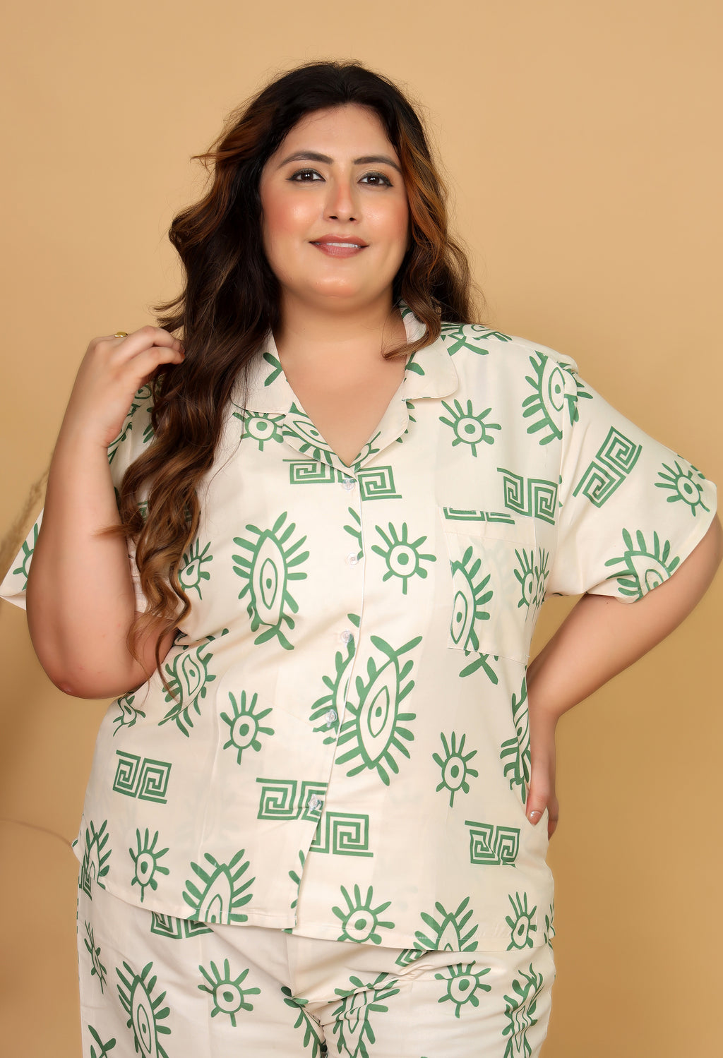 Cream & Green Abstract Eye Printed Japanese Blend Cotton Plussize Nightsuit Set by Ameerah