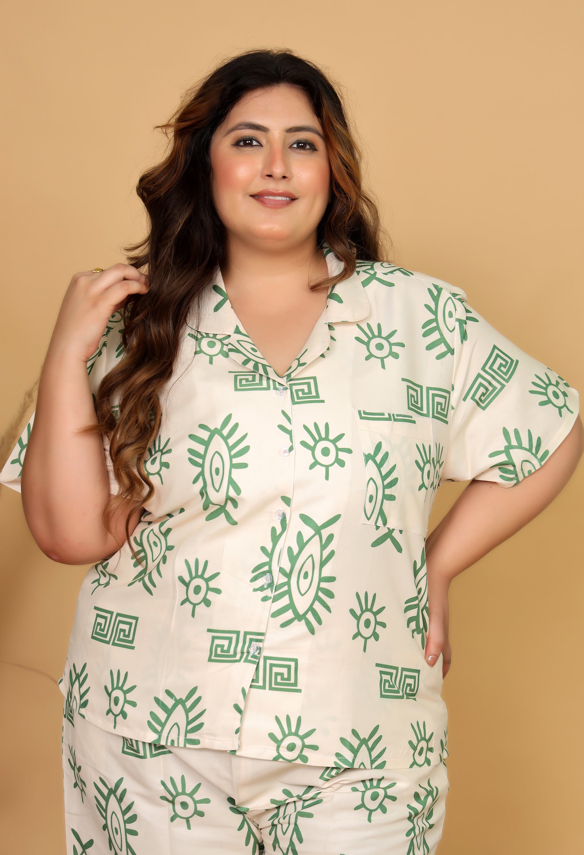 Cream & Green Abstract Eye Printed Japanese Blend Cotton Plussize Nightsuit Set by Ameerah