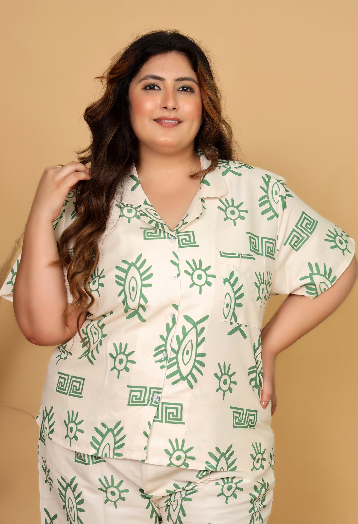 Cream & Green Abstract Eye Printed Japanese Blend Cotton Plussize Nightsuit Set by Ameerah