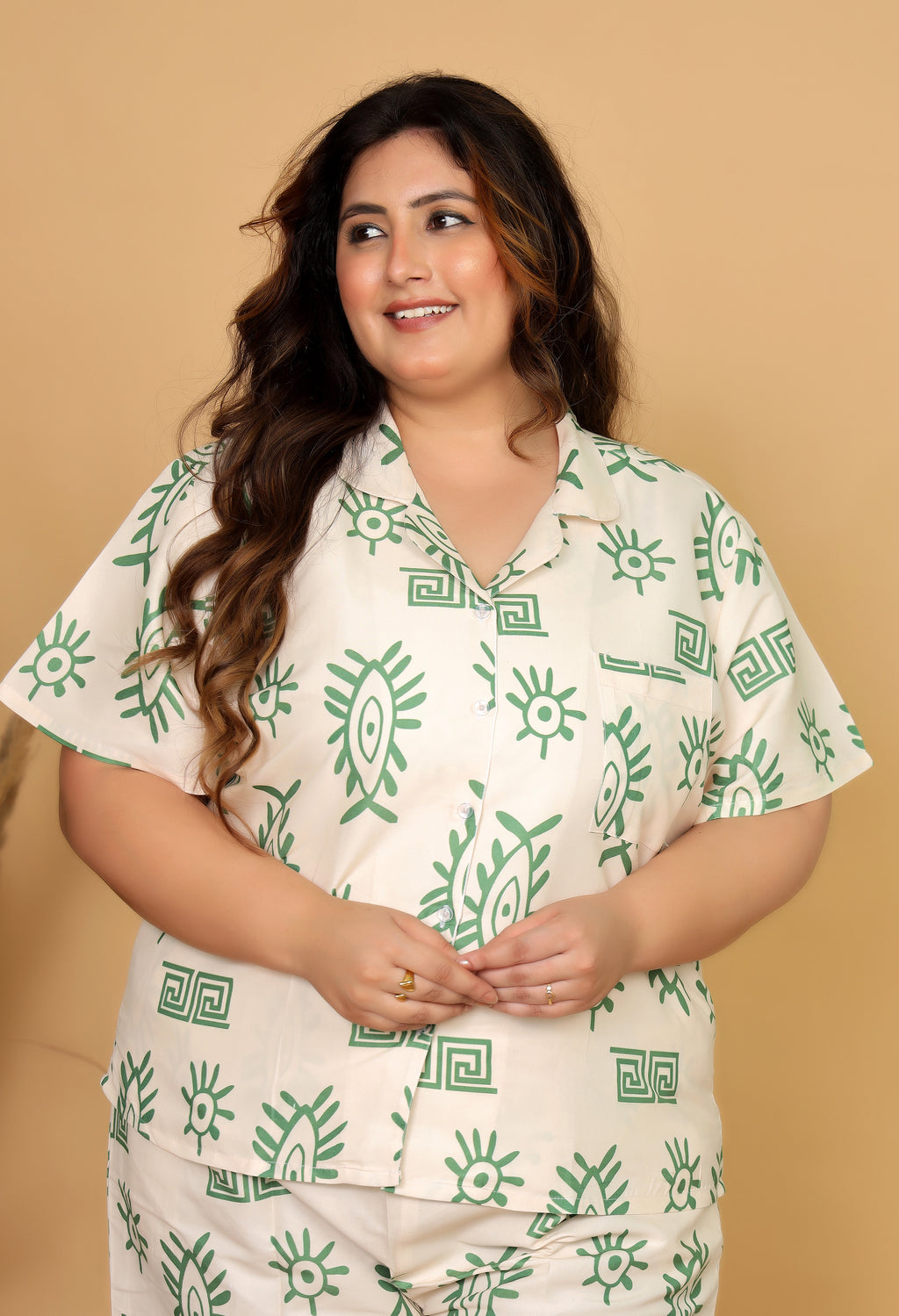 Cream & Green Abstract Eye Printed Japanese Blend Cotton Plussize Nightsuit Set by Ameerah