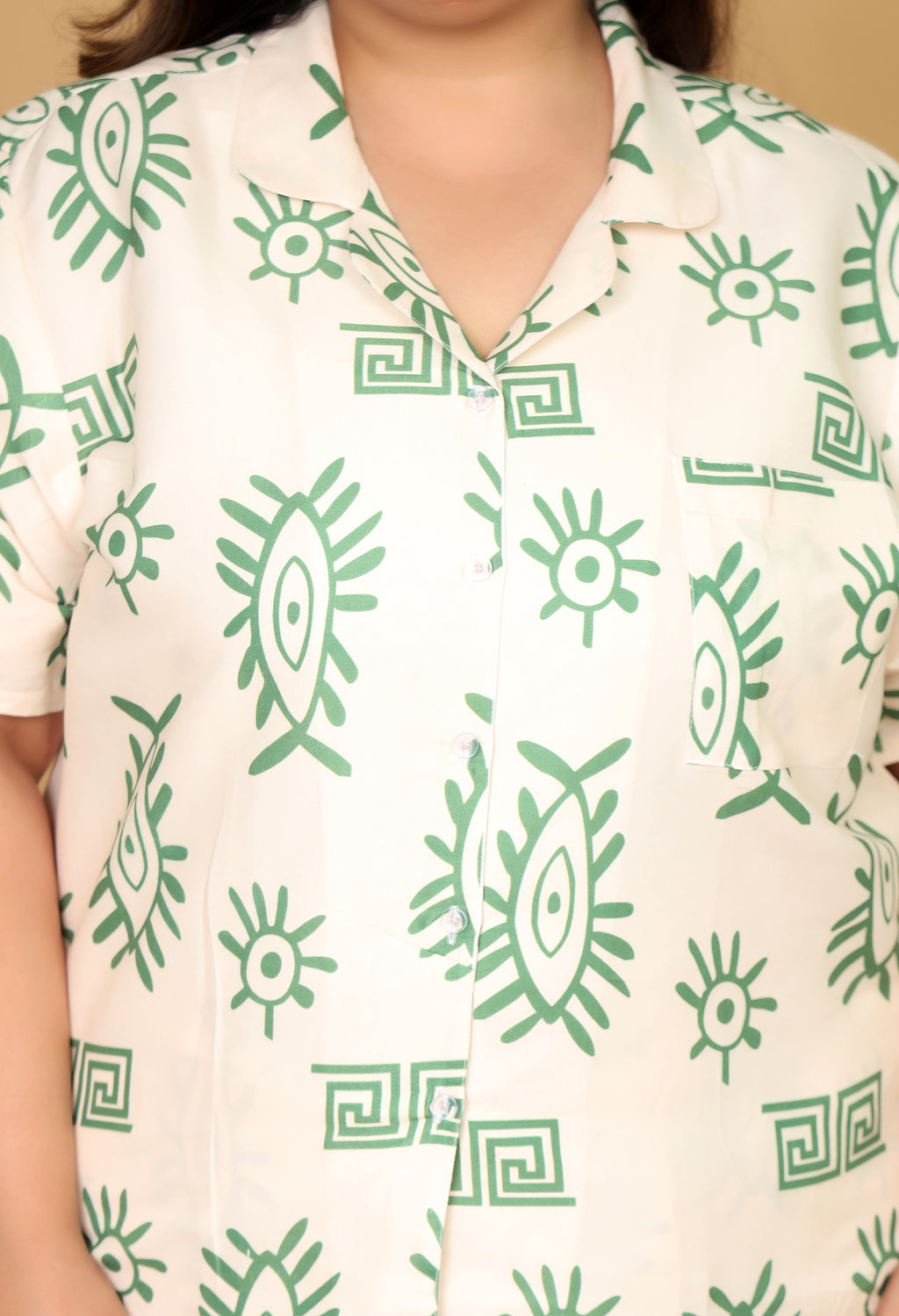 Cream & Green Abstract Eye Printed Japanese Blend Cotton Plussize Nightsuit Set by Ameerah