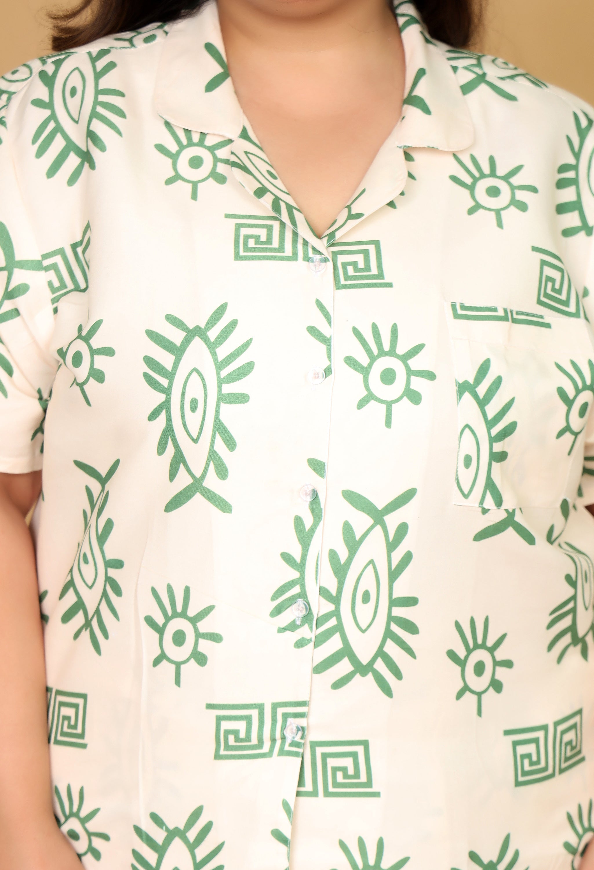 Cream & Green Abstract Eye Printed Japanese Blend Cotton Plussize Nightsuit Set by Ameerah