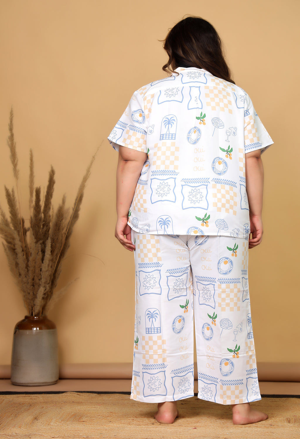 White Mediterranean-Inspired Printed Japanese Blend Cotton Plussize Nightsuit Set by Ameerah