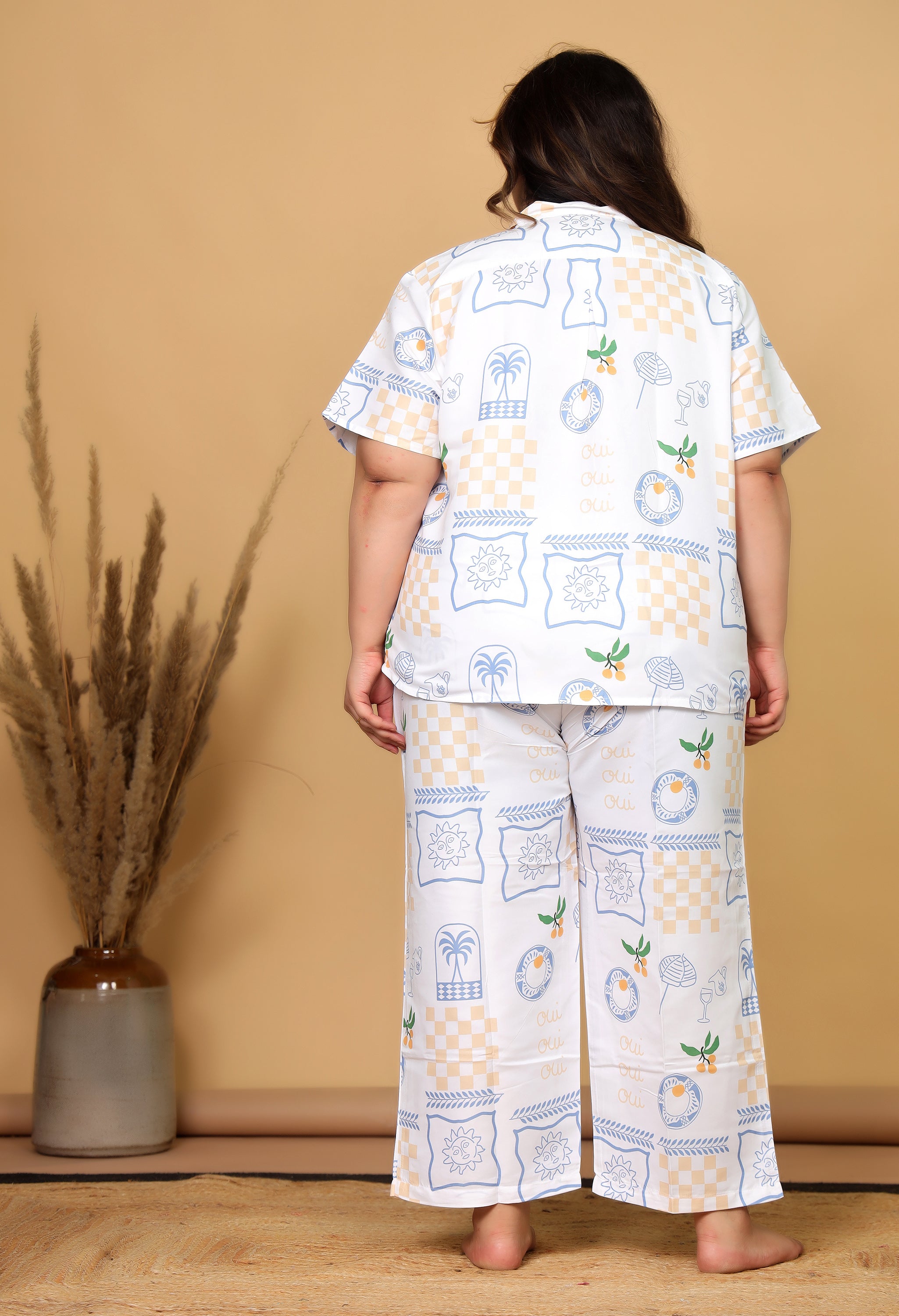 White Mediterranean-Inspired Printed Japanese Blend Cotton Plussize Nightsuit Set by Ameerah